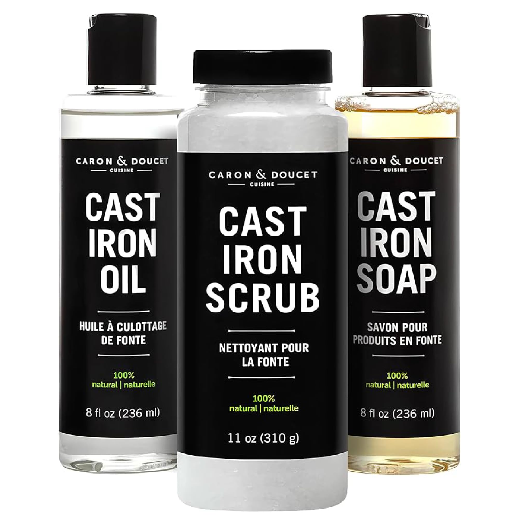 CARON &amp; DOUCET - Ultimate Cast Iron Set: Seasoning Oil, Cleaning Soap &amp; Restoring Scrub | 100% Plant-Based &amp; Best for Cleaning Care, Washing, Restoring &amp; Seasoning Skillets, Pans &amp; Grills!