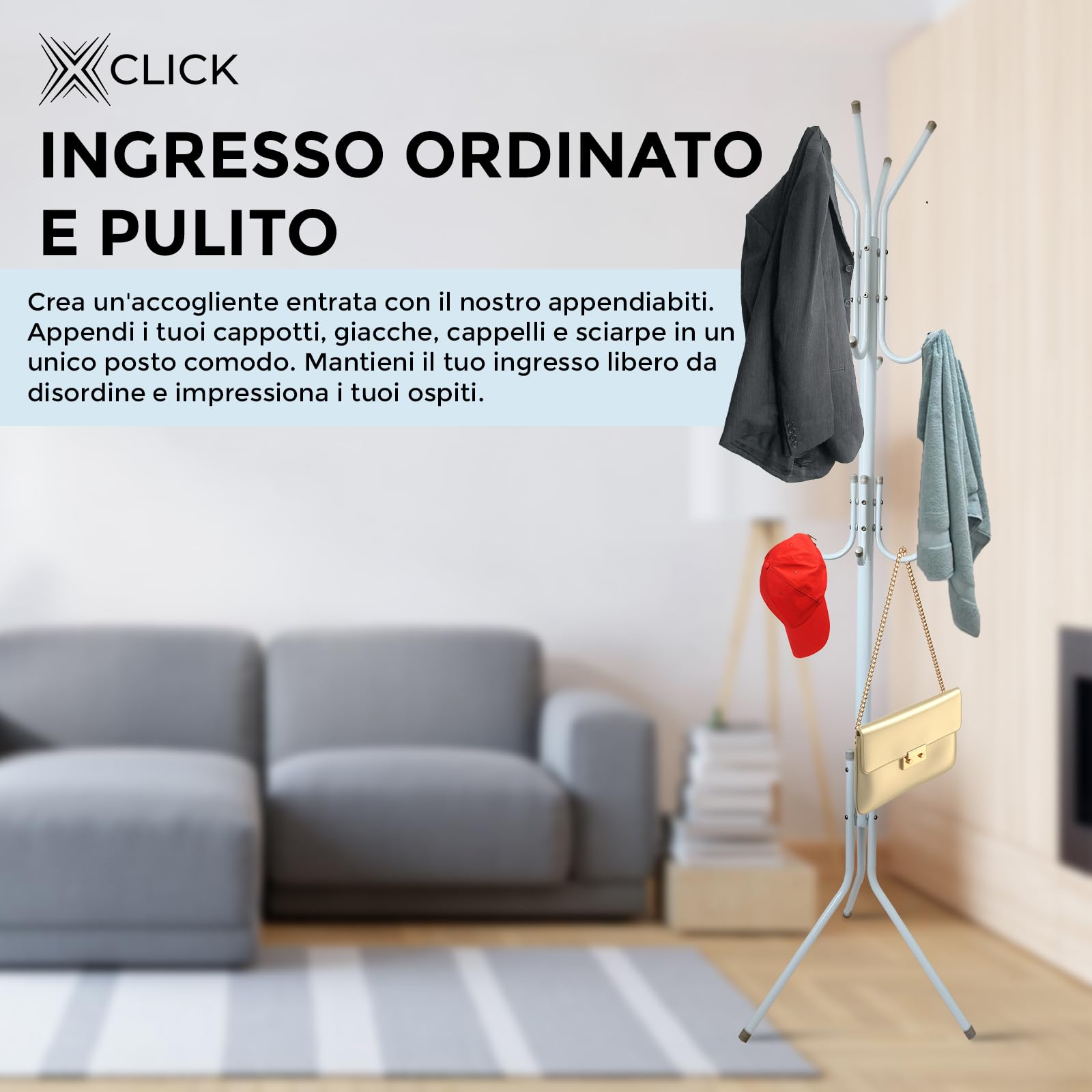 Attaccapanni da terra in metallo appendiabiti per abiti, borse, cappotti con 12 ganci, con base triangolare per una maggiore stabilità 175x43cm (BIANCO)