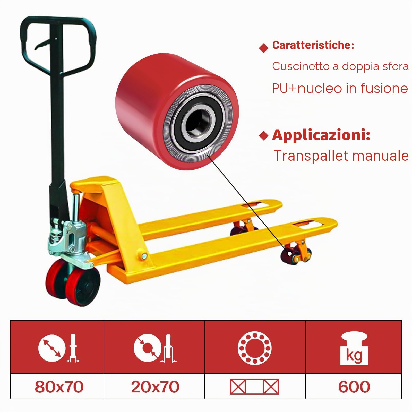 Set di 4 ruote per carrello portapallet in poliuretano 80 x 70 mm, asse 20 mm con cuscinetti a sfera per sostituire le ruote del carrello portapallet, carico massimo 600 kg