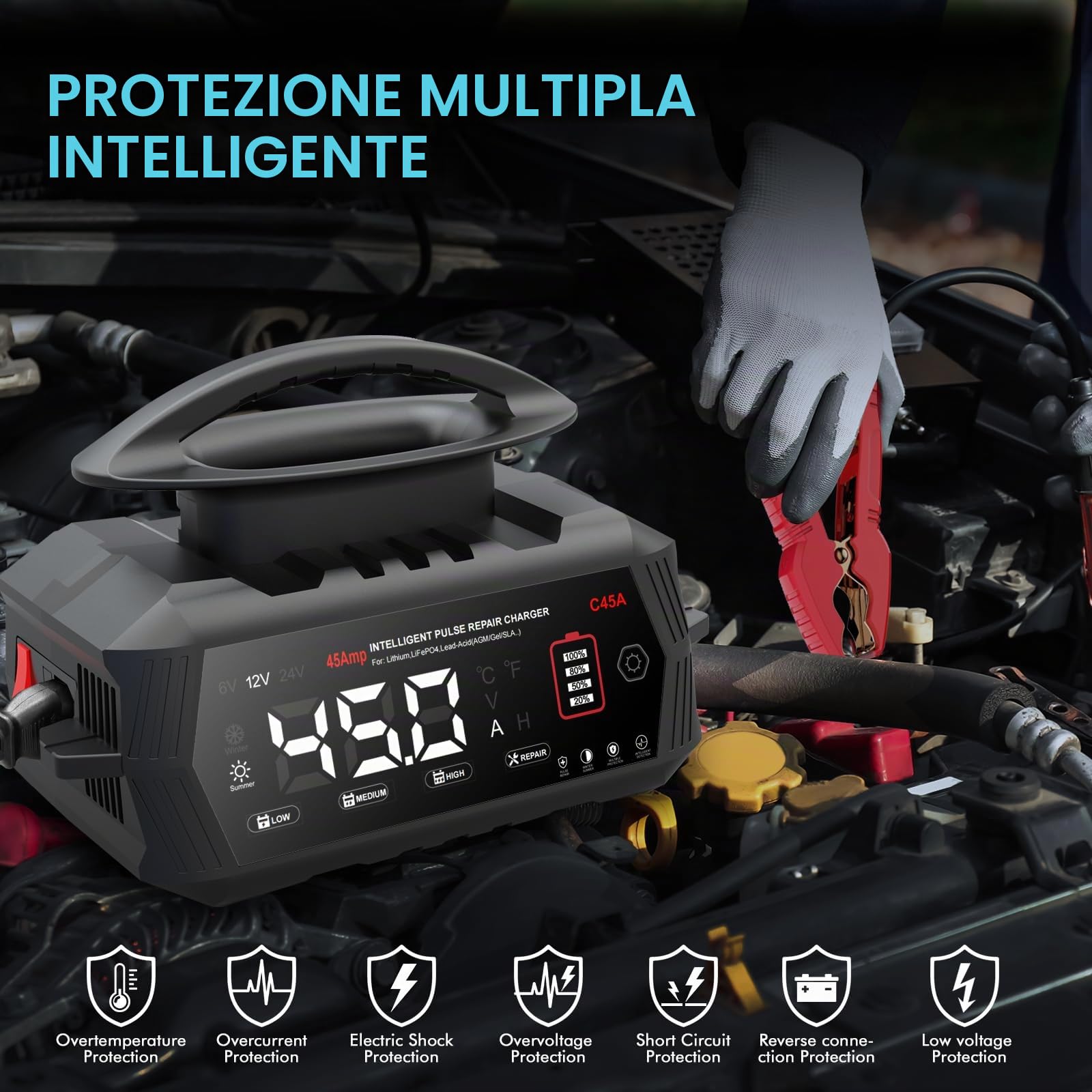 Haisito, caricabatterie intelligente da 45 A, 6 V/12 V/24 V, con display LCD, manutenzione della batteria, carica di mantenimento e solfatazione per AGM, litio, LiFePO4, acido piombo (moto, camper