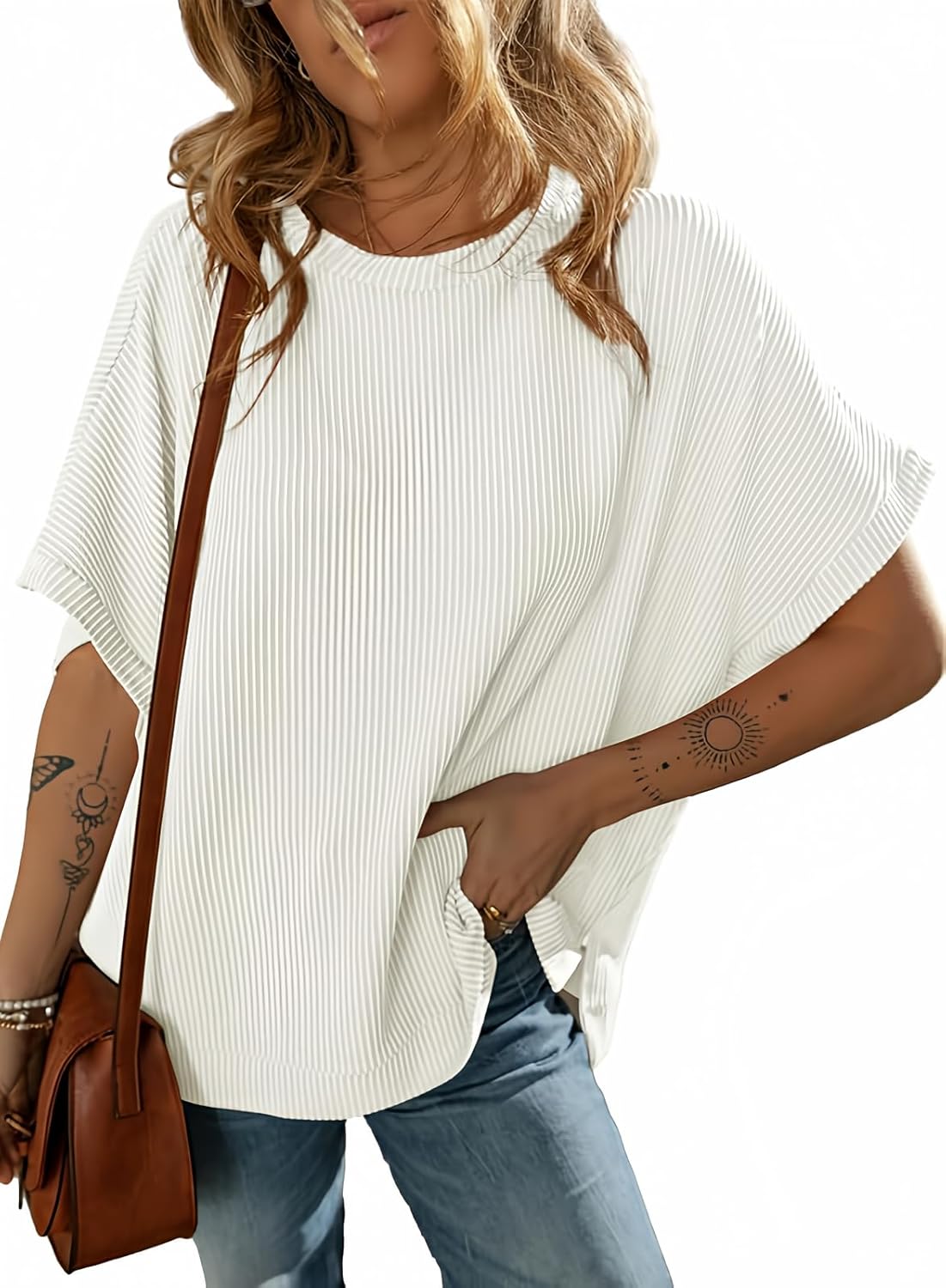 Dokotoo Women’s Casual Oversized Short Sleeve Solid Color Loose Texture Knit Tunic Tops Blouses