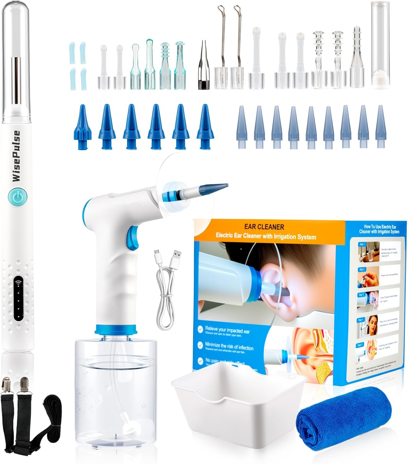 Earwax Removal Kit with Camera, 500ml Ear Cleaner Kit with HD Display & 4 Pressure Settings, Safe Ear Wash System for Home Use with Camera for Clearly Visible, Suitable for Simple Home Ear Care