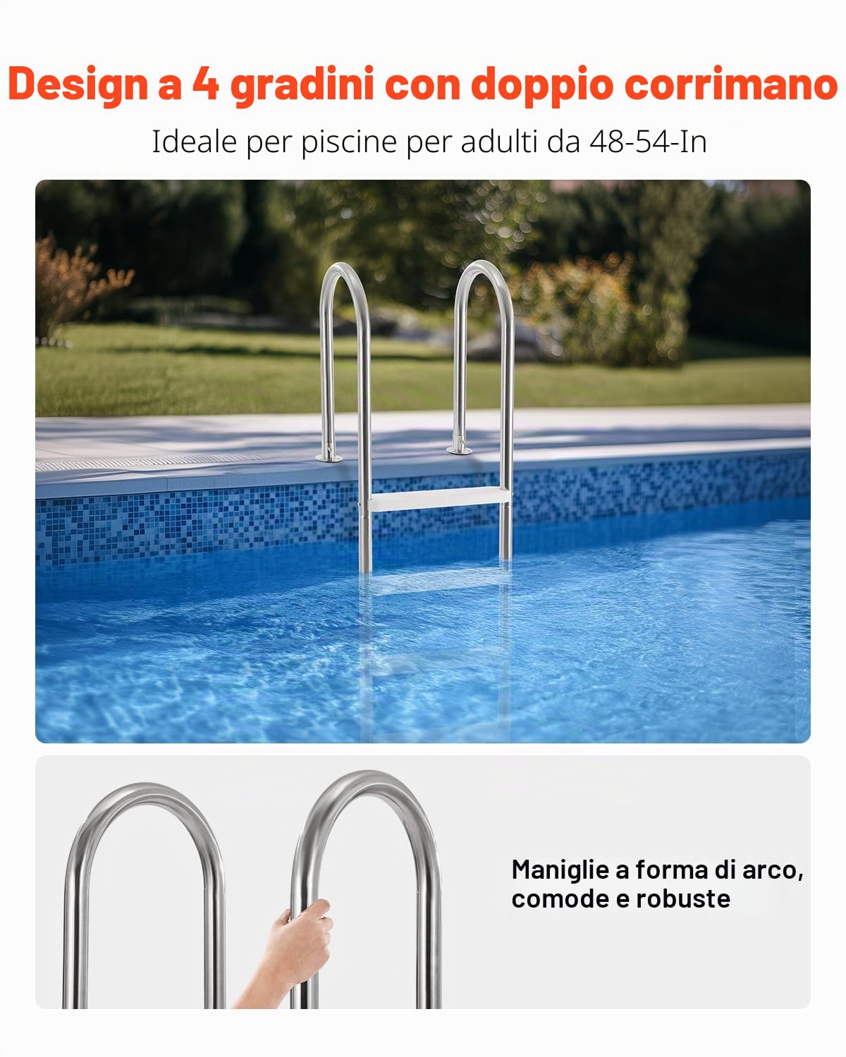 VEVOR Scaletta per Piscina 4 Gradini con Corrimano Doppio, Gradini Antiscivolo Resistenti, Scaletta Sicurezza per Piscina in Acciaio Inox, Capacità di Carico 120 kg per Piscine Interrate da 137 cm