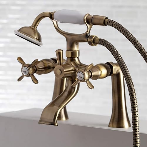 Miniatura 7 de Kingston Brass KS288AB Essex Grifo de bañera con 2 manijas para montaje en cubierta con ducha de mano, latón antiguo