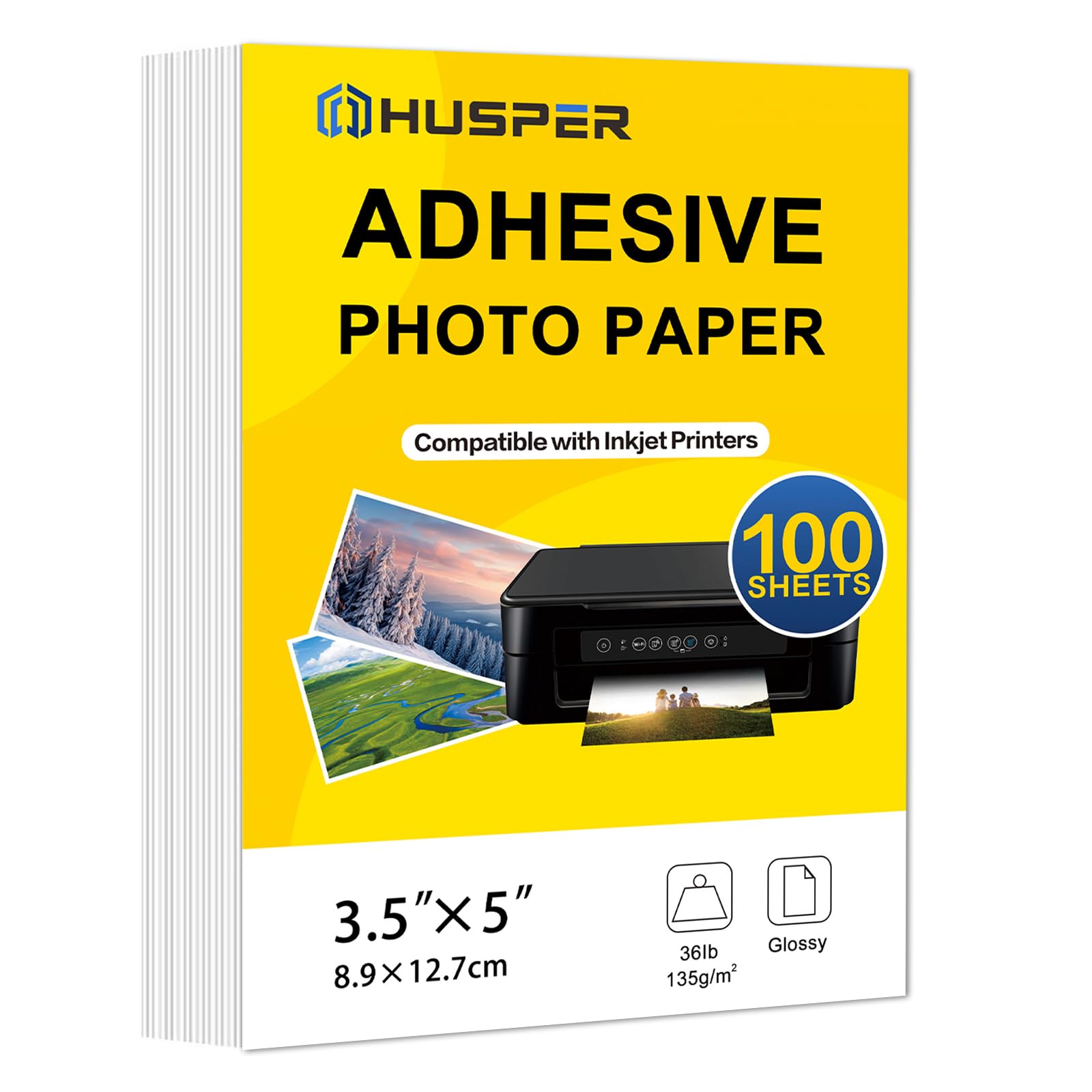 HUSPER Self-Adhesive Photo Paper 3.5 x 5 Inches Glossy Sticker Paper for Inkjet Printer 100 Sheets 135 GSM 36Ib Dye Ink Only