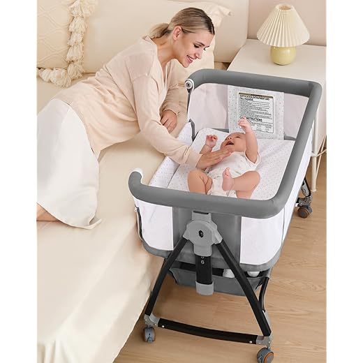 Baby Bassinet, Bassinet Bedside Sleeper with Wheels, Breathable Mesh Bedside Bassinet for Baby, Mosquito Net, Storage Basket, 6 Height Adjustable, Easy to Fold, Grey