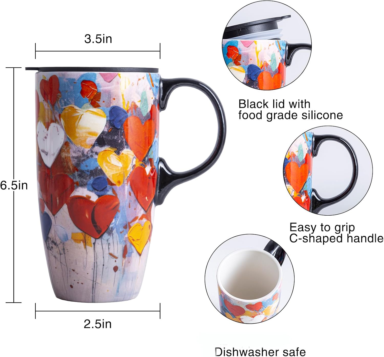 Topadorn 17oz Ceramic Travel Coffee Mug with Sealed Lid Tea Cup with Color Box, Microwave & Dishwasher Safe, Unique Coffee Mug for Latte & Hot Chocolate, Valentine's Day Gift for Her, Heart - Image 2