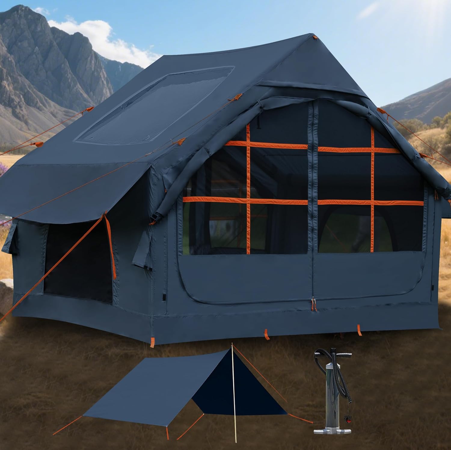 Inflatable Tents for Camping with 13 * 7 ft Awning, Oxford Blow Up, Easy Setup Inflatable Tent, Skylight Waterproof Inflatable Outdoor House, Casa de Campaña