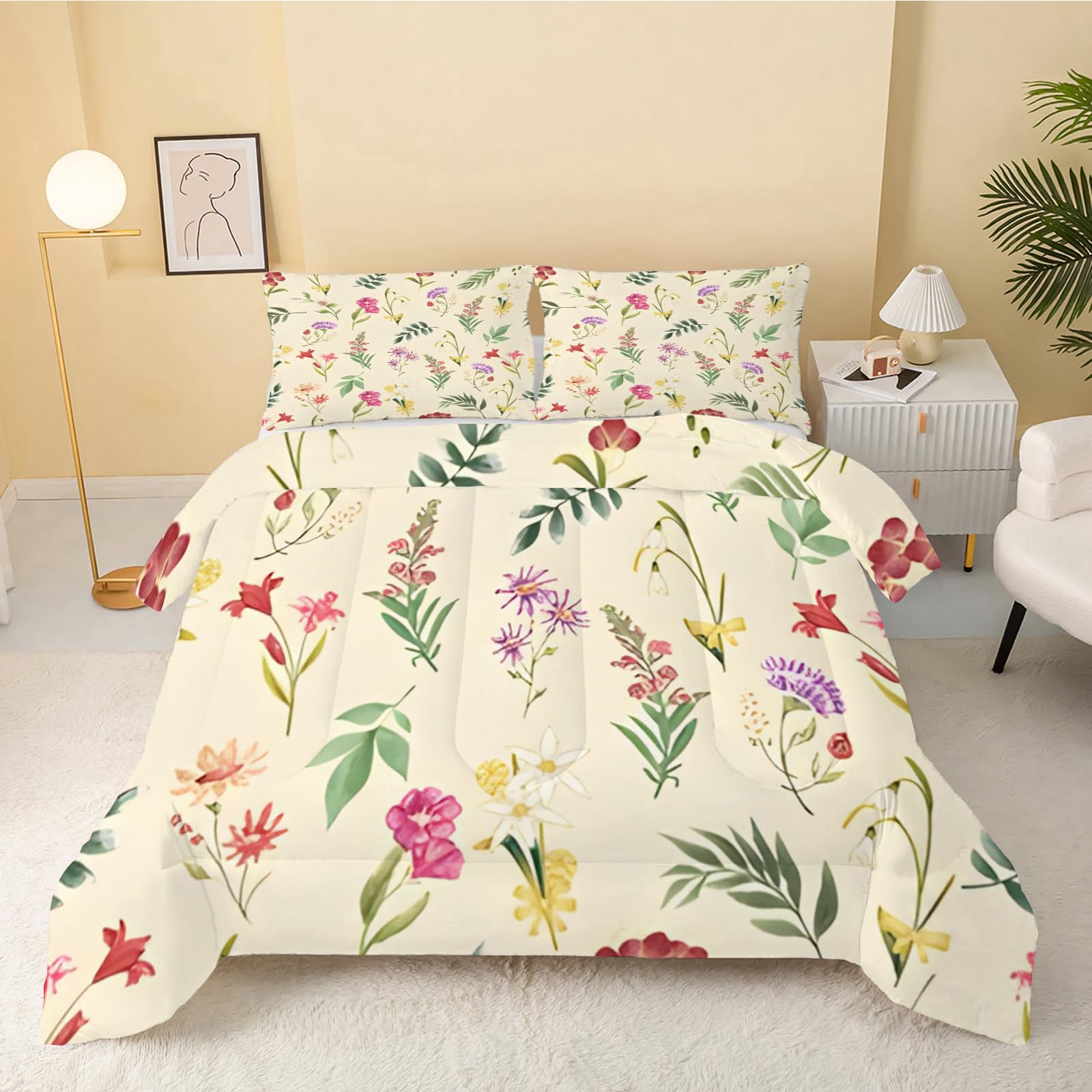 dyausi Floral Duvet, Coverless Duvet Super King Size, Reversible Leaves Plants Comforter for All Year Round, Washable Quilt 7.5 Tog, Lightweight Superking Duvet 220x260, Yellow