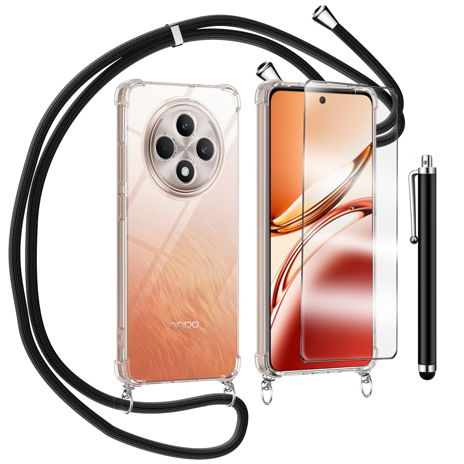 Kit Custodia Con Cordino E Vetro Temperato Per OPPO Reno 12 F/FS 5G: Cover Trasparente Antiurto Con Tracolla Regolabile E Pennino Capacitivo