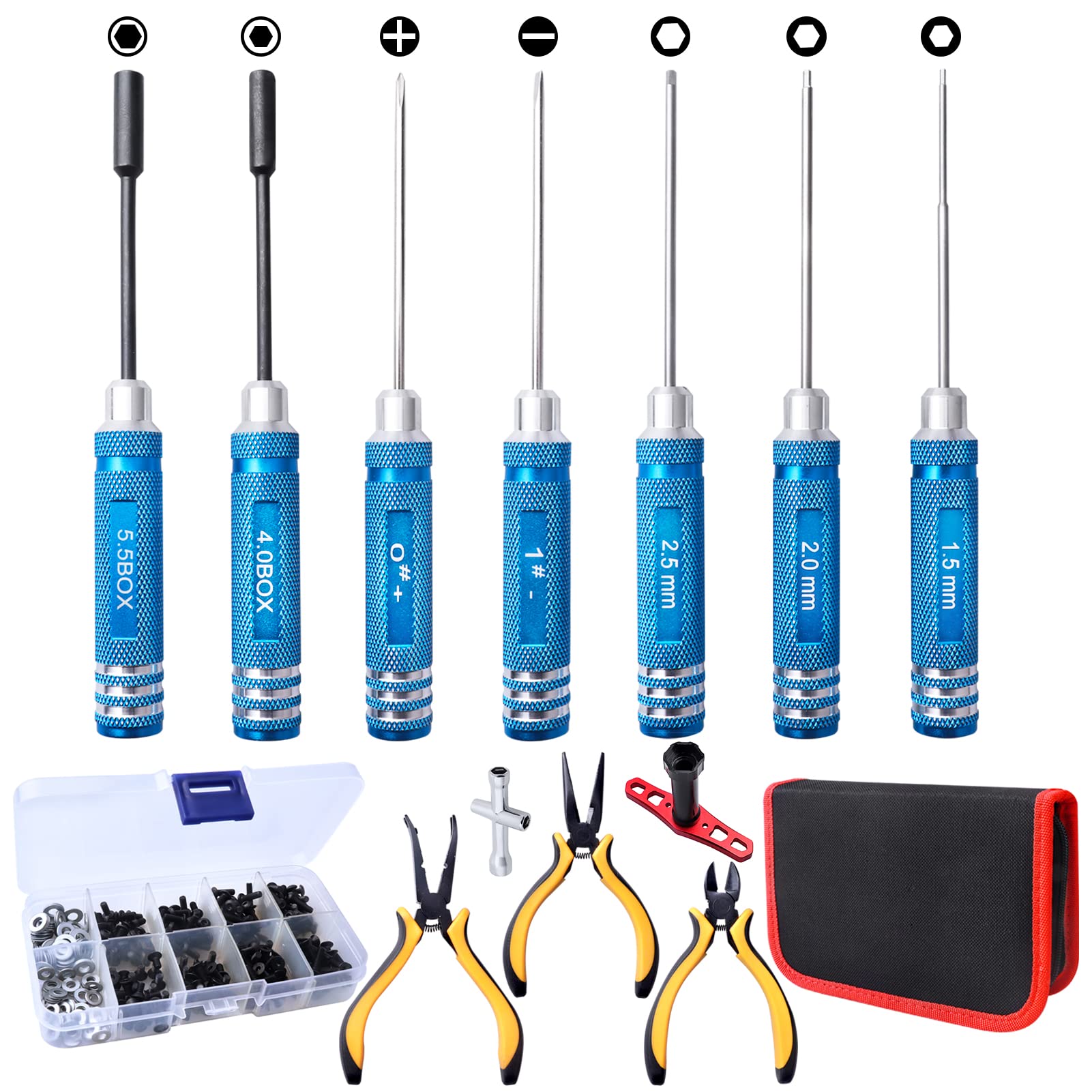Kit di attrezzi RC e kit di viti (piatto, Phillips, esagono), pinze, chiave, strumenti di riparazione per quadcopter Drone Aereo Accessori Compatibile con Traxxas Arrma Axial Redcat Losi