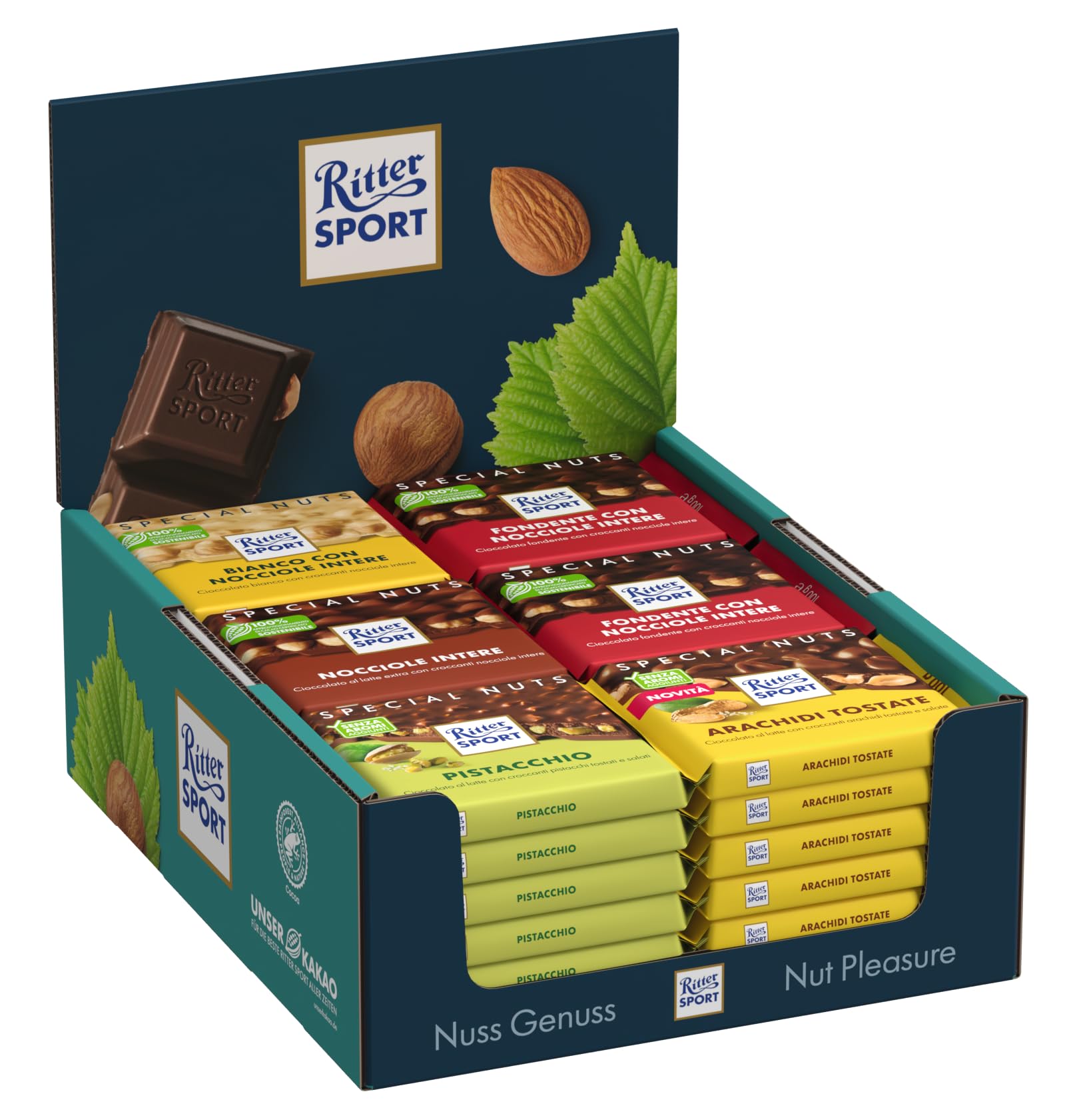 RITTER SPORT Espositore da Banco Special Nuts, 36 Tavolette di Cioccolato con Nocciole Intere 3 Gusti - Latte, Fondente, Bianco, 36 x 16,67g