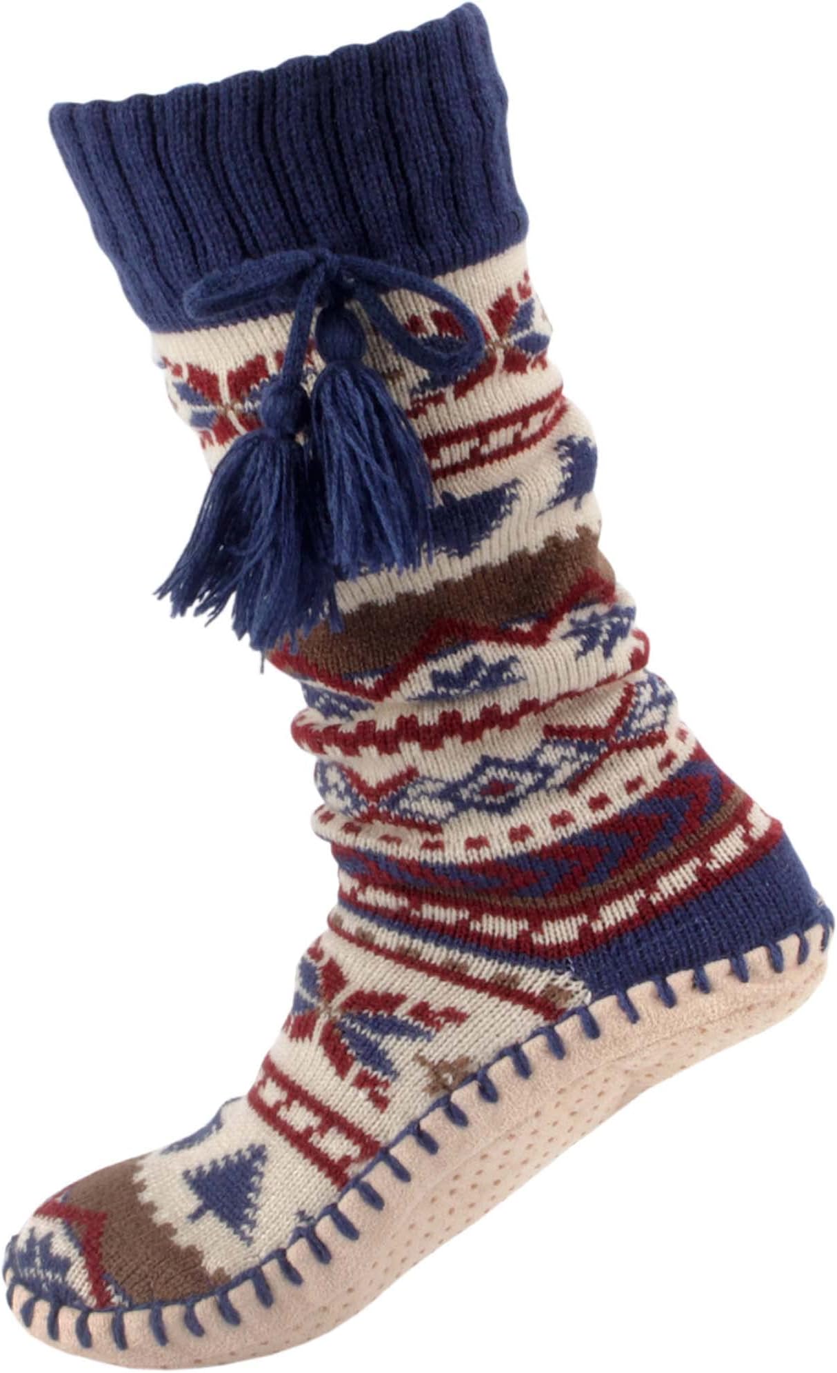 BambooMNWomen's Soft Fuzzy Furry Gripper Slipper Socks with Tassel - Blue Spruce - Women's Shoe Size 8-10