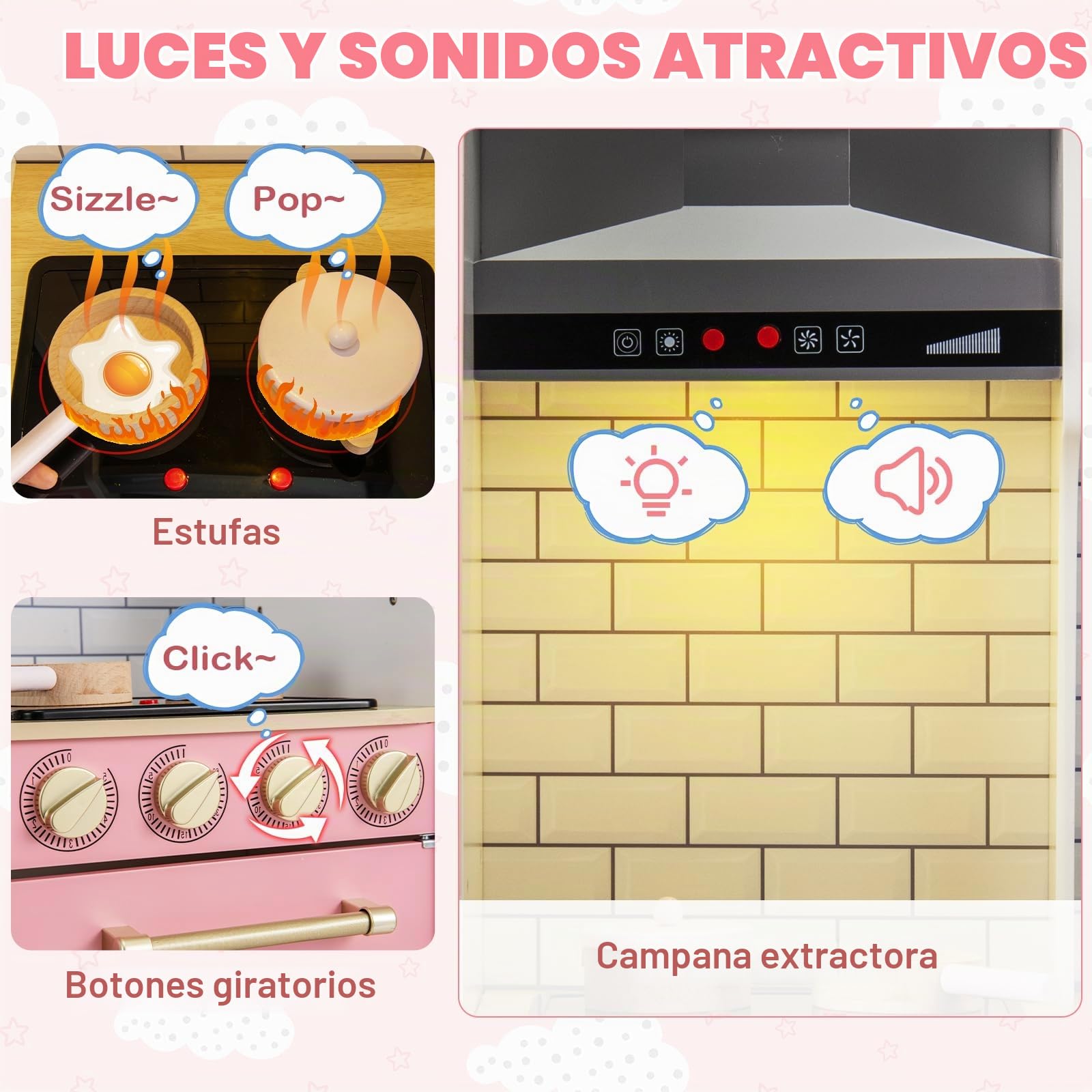 HOMASIS Cocina de juego de madera con máquina de hielo y accesorios de cocina, juego de cocina para niños con luces y sonidos, para niños de 3 años o más, 92x30x98 cm, rosa
