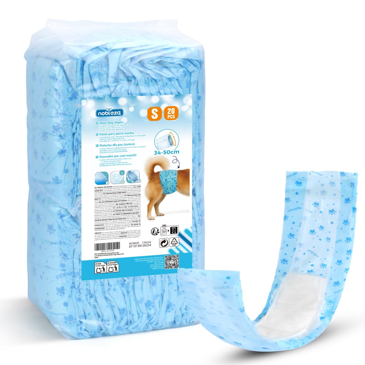 Nobleza Dog Nappies Male, Disposable Male Dog Wraps & Belly Bands, 20 Counts, Super Absorbent & Leak-Proof for Incontinence, Marking & Potty Training, Odour Control, Size S for Small/Medium Breeds