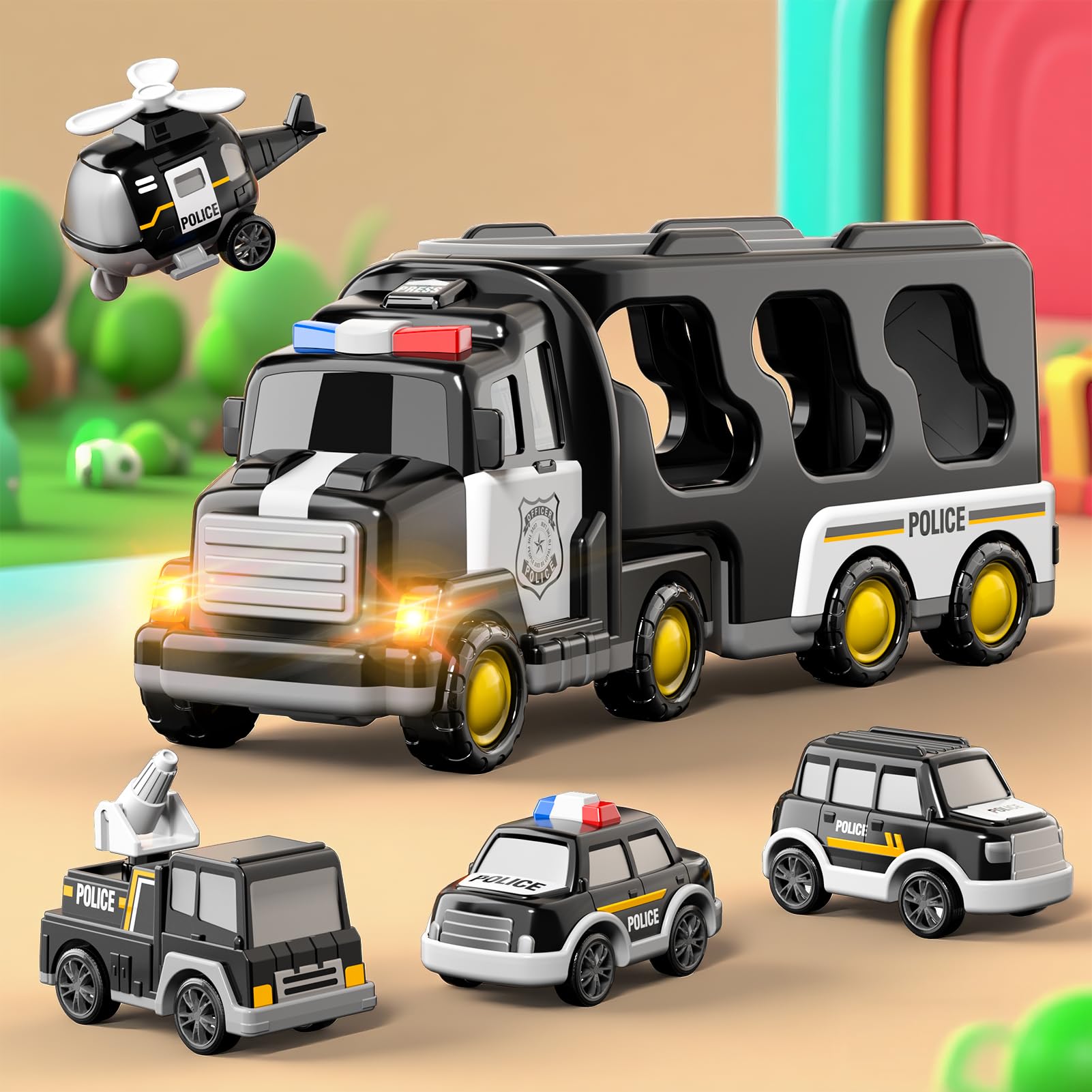 Polizei LKW Jungen Spielzeug für 3 4 5 Jahre alte Kleinkinder, Transport Fahrzeug Träger, Spielzeug Sets Kinder 3-6, Geschenk für Jungen & Mädchen im Alter von 4-6 5-7