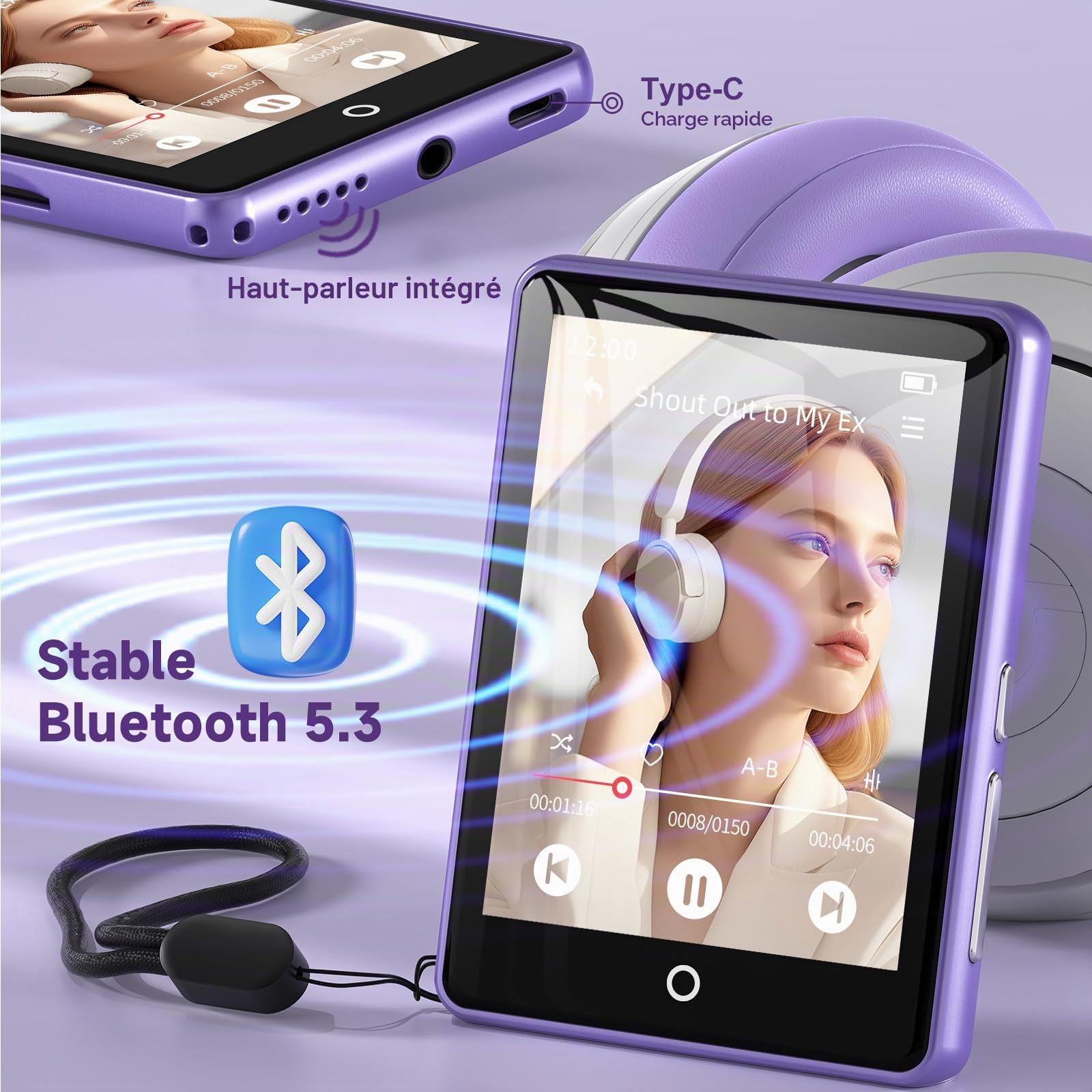 32Go Lecteur MP3 Bluetooth 5.3, 2,8" écran Tactile, Bruit Blanc (18 Sons), Lecteur MP3 Portable HiFi pour Enfants, avec Haut-Parleur, jusqu'à 45 Heures d'autonomie, Radio FM, Extensible 128 Go
