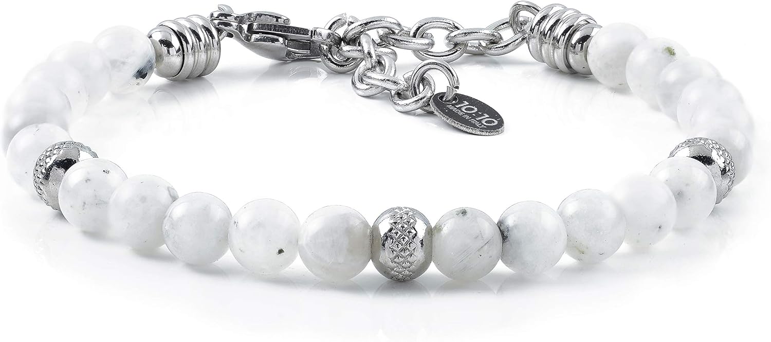 10:10 Beaded Bracelet for Men and Women – Natural MoonStones Gemstones and Stainless Steel – Adjustable & Durable & Elegant – Made in Italy - Image 2