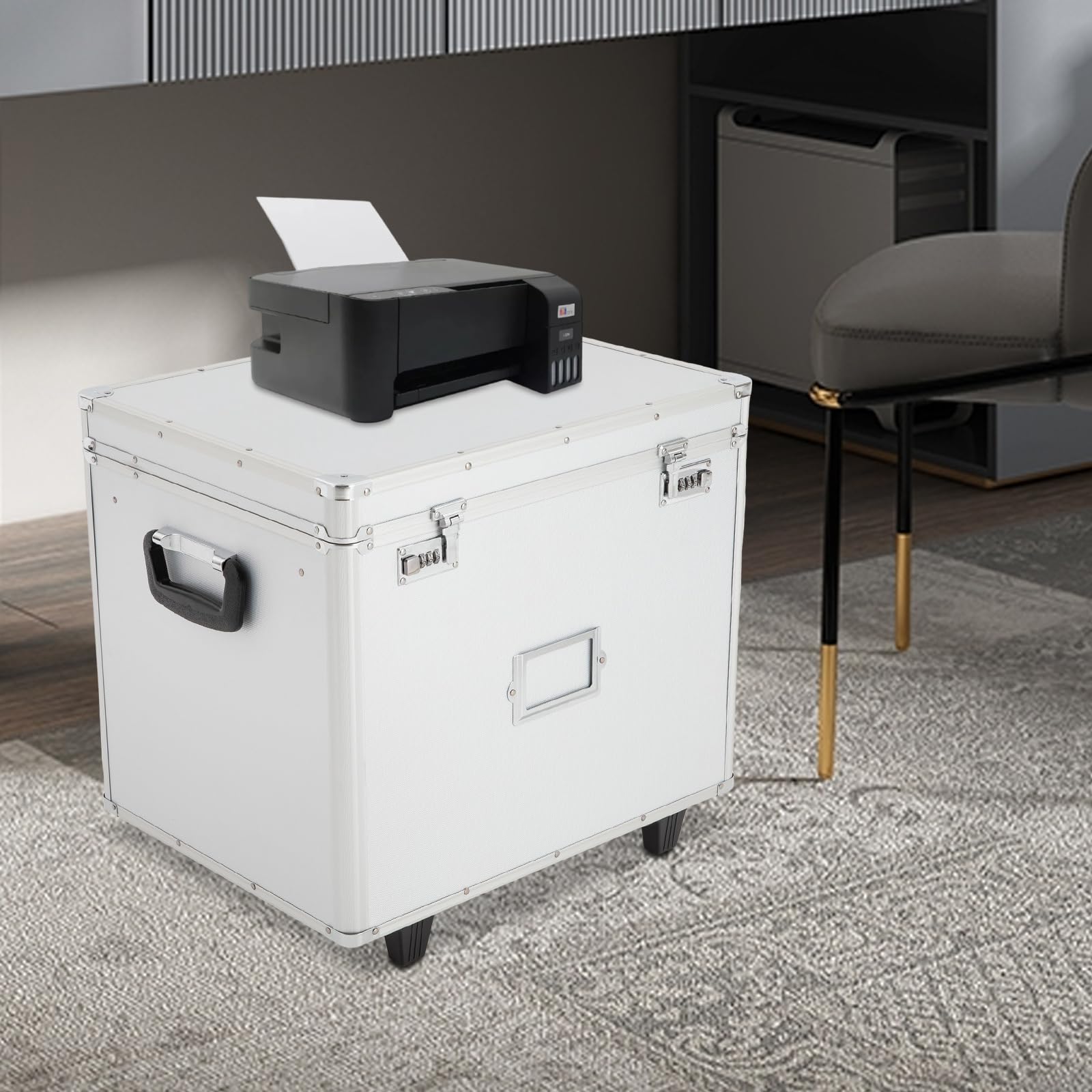 BOPRCSH Locking Mobile Business Case, Portable Locking File Storage Box Fireproof Document Box with Handle and Wheels, Lockable Rolling File Cabinet File Organizer Box Case for Office Home