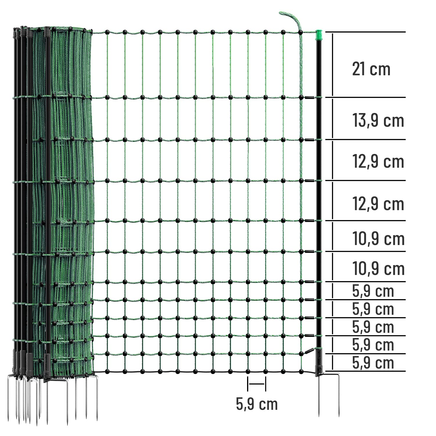 VOSS.farming Filet farmNET pour volailles/Poules, Longueur 50 m, Hauteur 112 cm, 16 piquets, 2 Pointes, Coloris Vert, Non électrifiable