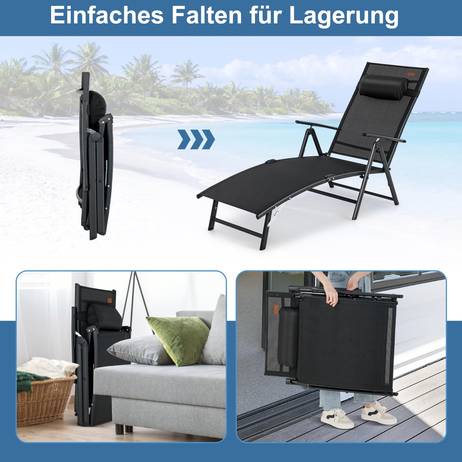 COSTWAY Sonnenliege klappbar, Gartenliege mit Kopfstütze, Armlehnen und 7 verstellbaren Rückenlehnen, Klappliege bis 150 kg belastbar, tragbarer Liegestuhl für Garten, Terrasse, Balkon, Schwarz