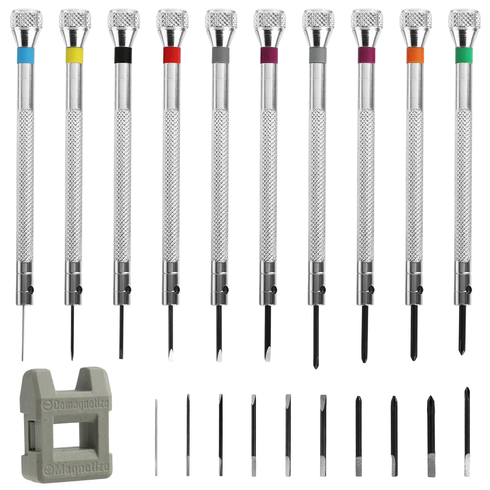 21 Pcs Watchmakers Screwdriver Set 0.6-1.6 mm Precision Screwdriver Kit for Jewellers Watch Eyeglasses Clocks Jewelry Tools Repair Magnetizer (10 Screwdrivers 10 bits 1 demagnetizer)