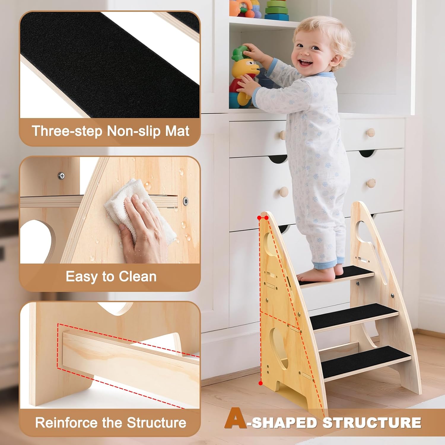 Toddler Step Stool, Wooden Height-Adjustable 3-Step Stool for Kids, Potty Training Stool with Handles and Non-Slip Pads for Bathroom Sink, Kitchen, Bedroom