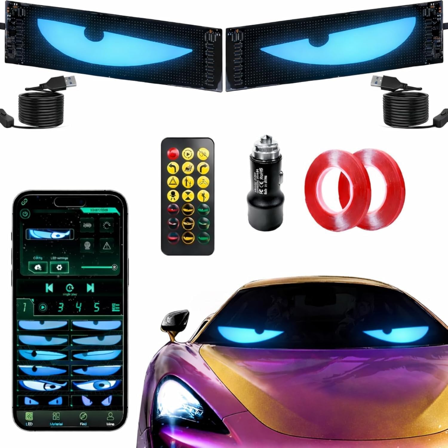 2 Pack 14.96 inch Devil Eyes Light for Windshield, LED Car Eyes Light | Programmable Animated LED Display with App & Remote, 16x64 Pixel RGB, 2x14.7 Ft Long Usb Cable, for Sedans, SUVs