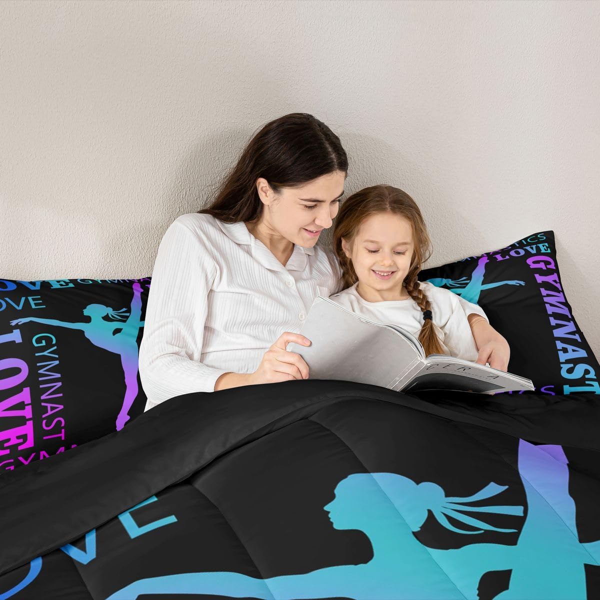 Feelyou Love Gymnastics Comforter Set for Girls Boys Floor Exercises Ballet Comforter DecorAthletics Bedding Set Neon Blue Purple Duvet Set Queen Size 3Pcs Quilt Boys