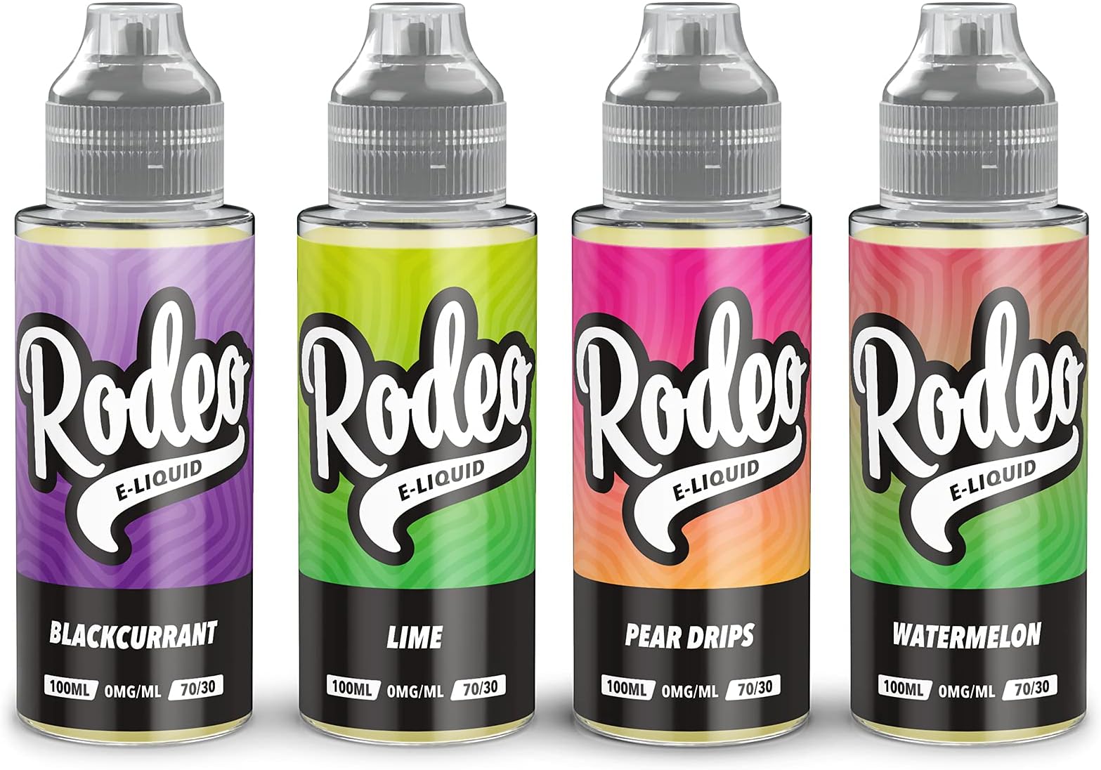 Rodeo Vape Liquid 4 x 100ml Blackcurrant + Lime + Pear Drips + Watermelon Vape Juice E Liquid 70/30 Ecig Juice Cigarette Liquid Sub Ohm Juice Flavoured E Juice E Cigarette E-Liquid Nicotine Free Vape