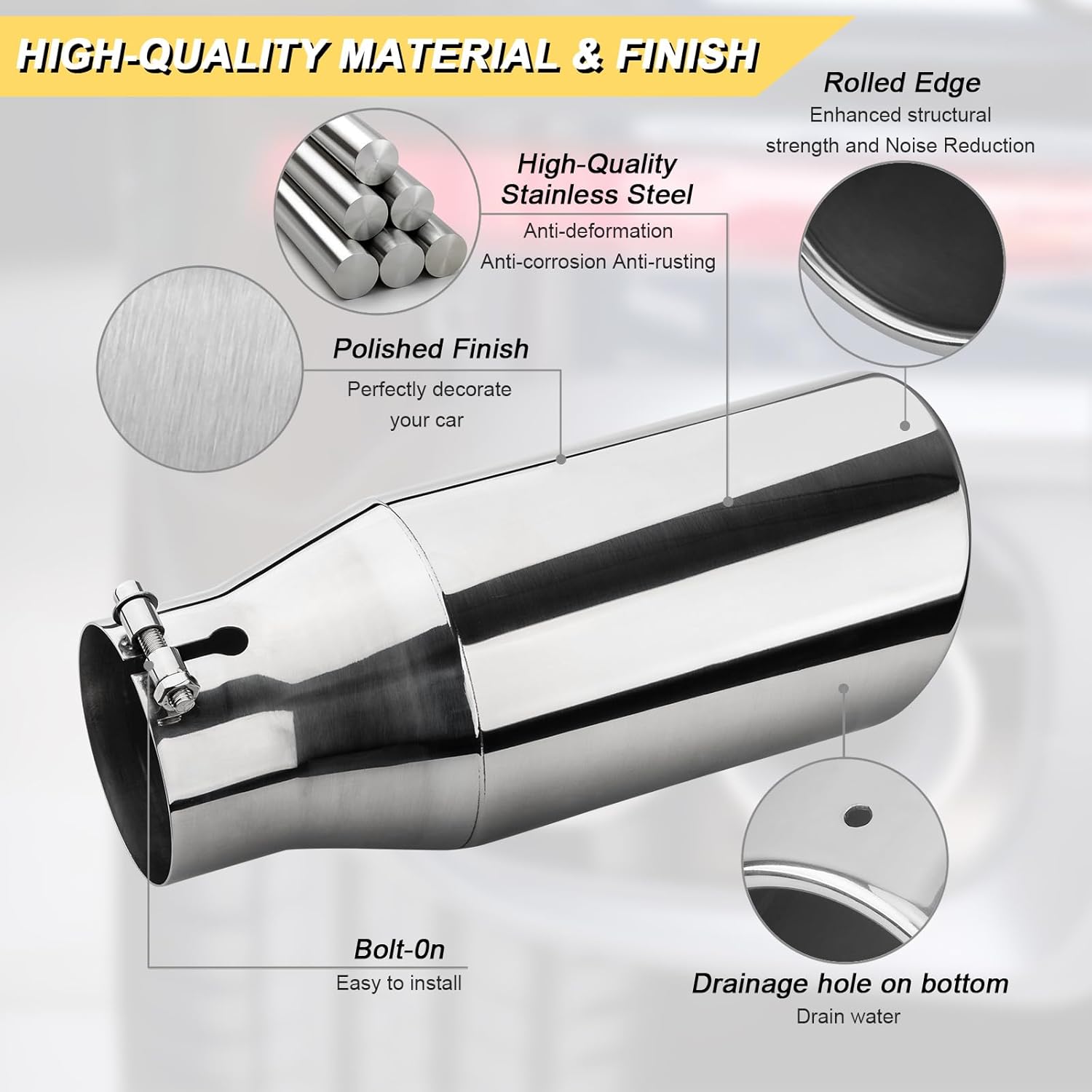 Vurkcy 3.5 inch Inlet Exhaust Tip, 5" Outlet 12" Overall Length Stainless Steel Exhaust Tail Pipe, Bolt-On, Rolled Edge, Slant Sleek Angle Cut, Polished Tailpipe, Silvery