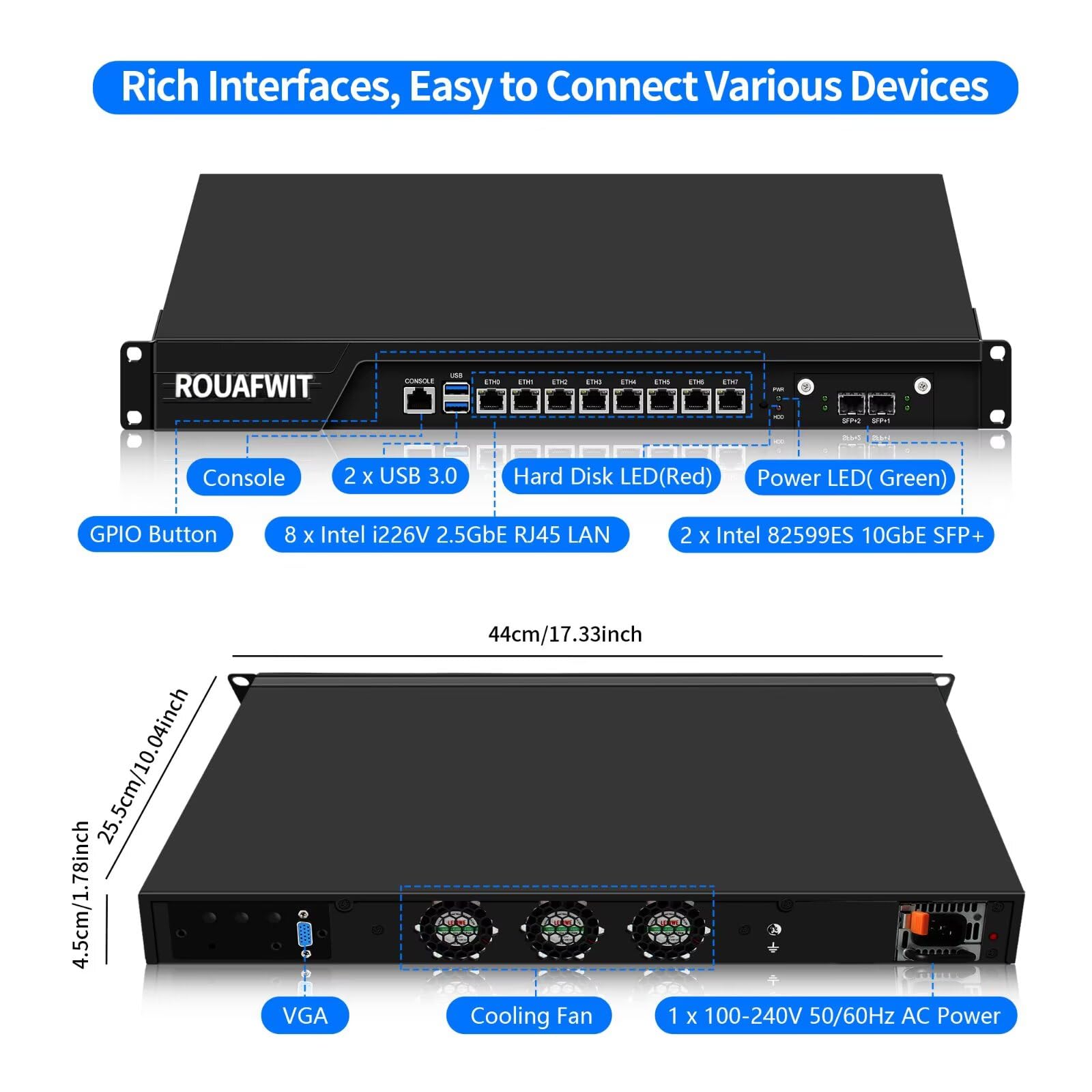 1U Firewall Appliance 10GBe, Core i5 7500, 2 x SFP+ 82599es 10Gbe, 8 x i226V 2.5GbE LAN, OPNsense, Network Rackmount 19 inch, DDR4 8G RAM 256G SSD