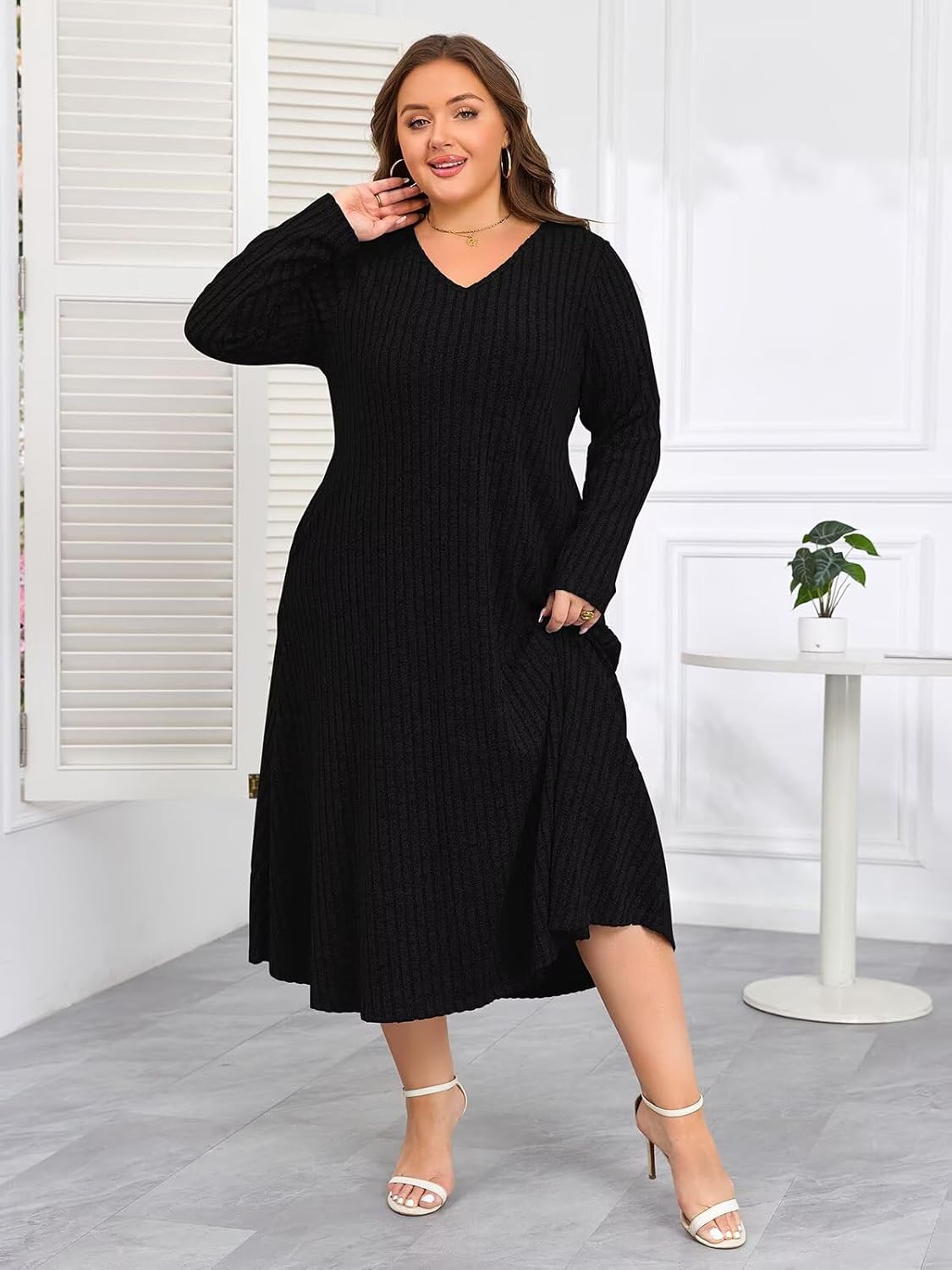 BELAROI Plus Size Sweater Dress for Women Long Sleeve Maxi Fall Dresses Flowy Winter Long Midi V Neck Dress with Pockets - Image 2