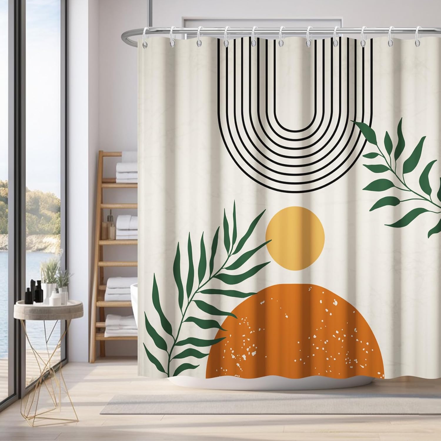 Renaiss 72x72 Inches Mid Century Shower Curtain Boho Arch Sun Modern Minimalist Geometric Eucalyptus Leaves Plant Shower Curtains for Bathroom Decor Waterproof Polyester with Hooks