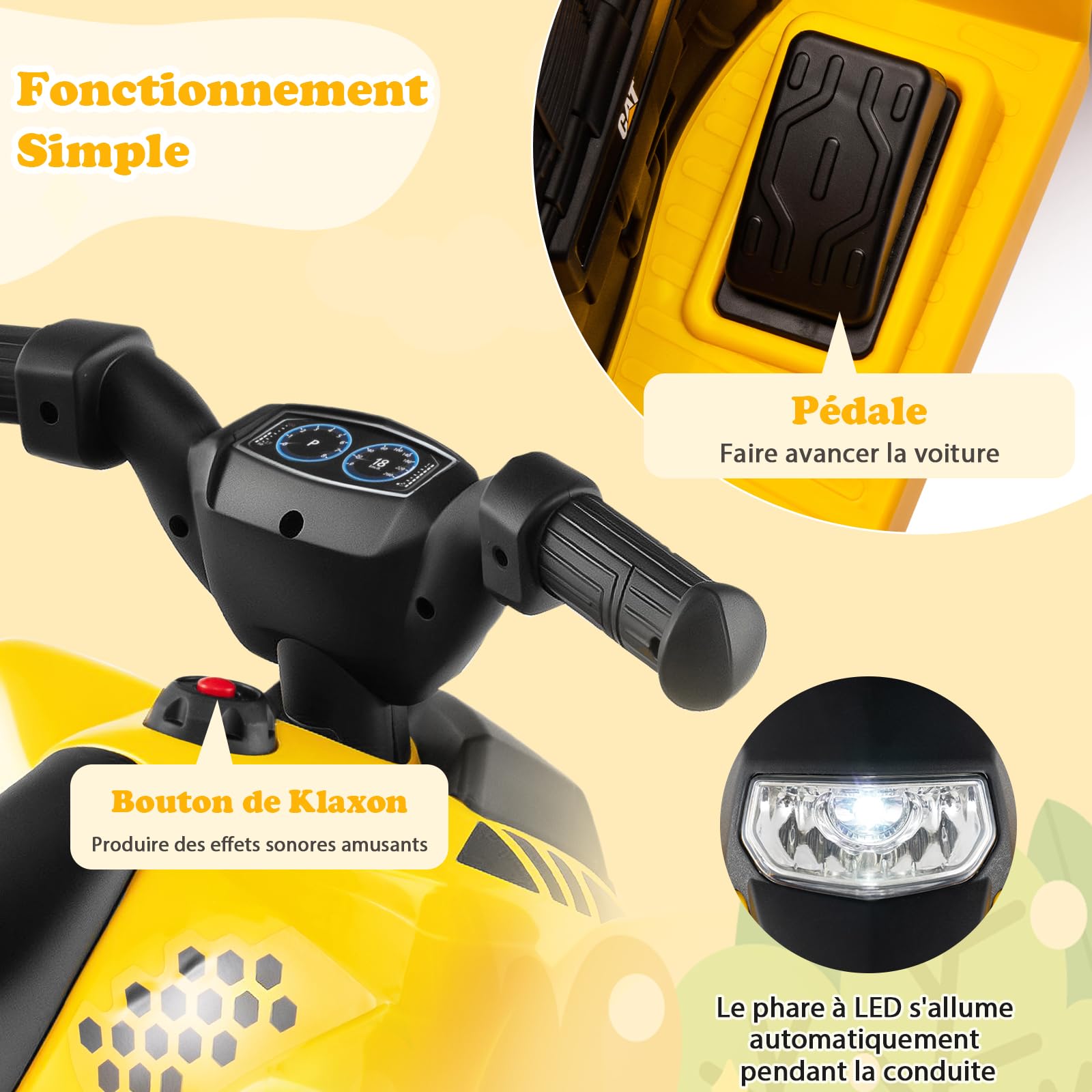 DREAMADE Quad Électrique Caterpillar 6V Enfants,Voiture Électrique Enfants 18-36 Mois avec Pédale,4 Roues Antidérapantes,Phare LED,Klaxon,2,8 km/h,ATV pour Garçons Filles Charge 25KG (Jaune)