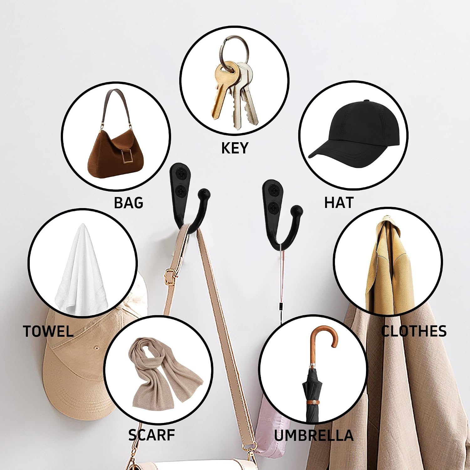 20Pcs Wall Mounted Coat Hooks, Metal Single Prong Wall Hooks with 40pcs Screws for Hanging Coats, Towels, Hats, Keys, Bags(Black)