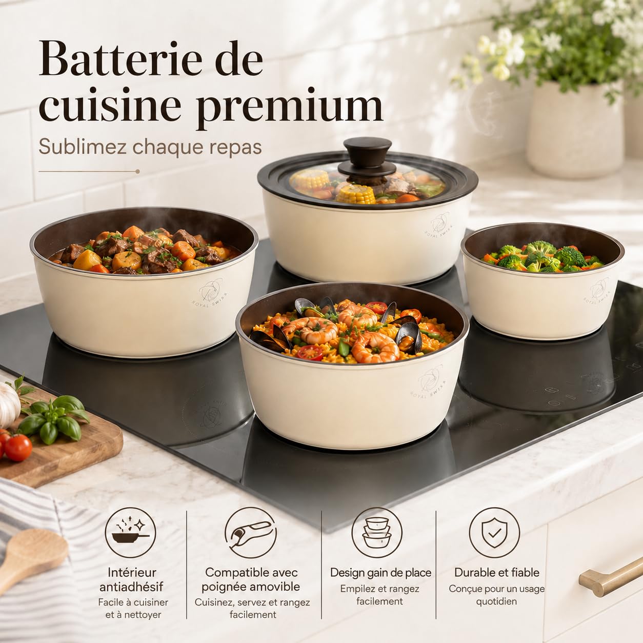 Royal Swiss® Set de casseroles 6 pièces avec poignée amovible – 14/16/18/20 cm + couvercle en verre universel – Induction tous feux – Empilable, gain de place