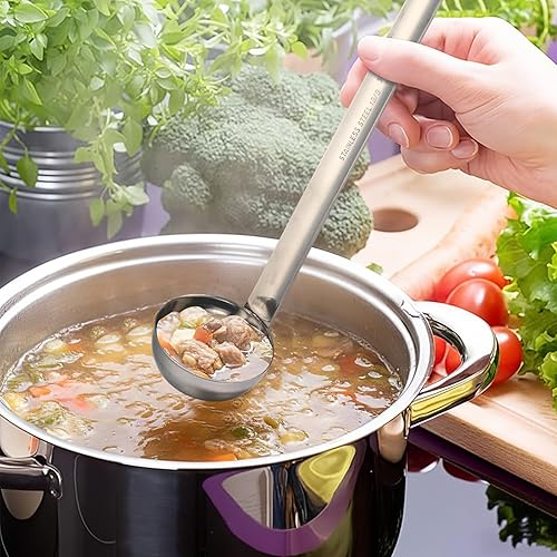 Vista 69 de meekoo Cucharón de acero inoxidable con mango de sopa con borde de vertido para cocina, cocina, salsa de sopa (4 onzas)
