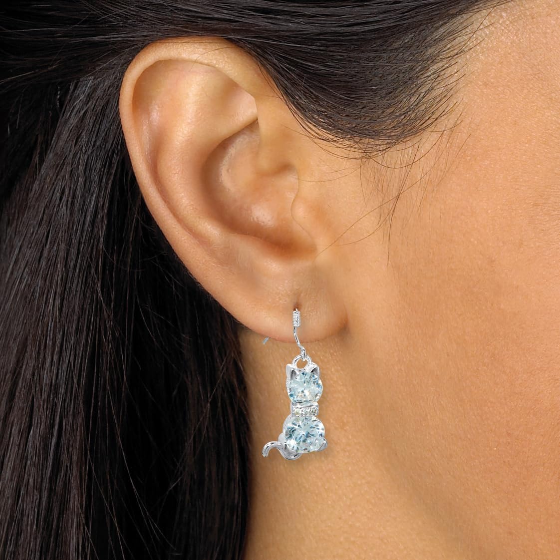 Round Crystal Silvertone Cat Earrings