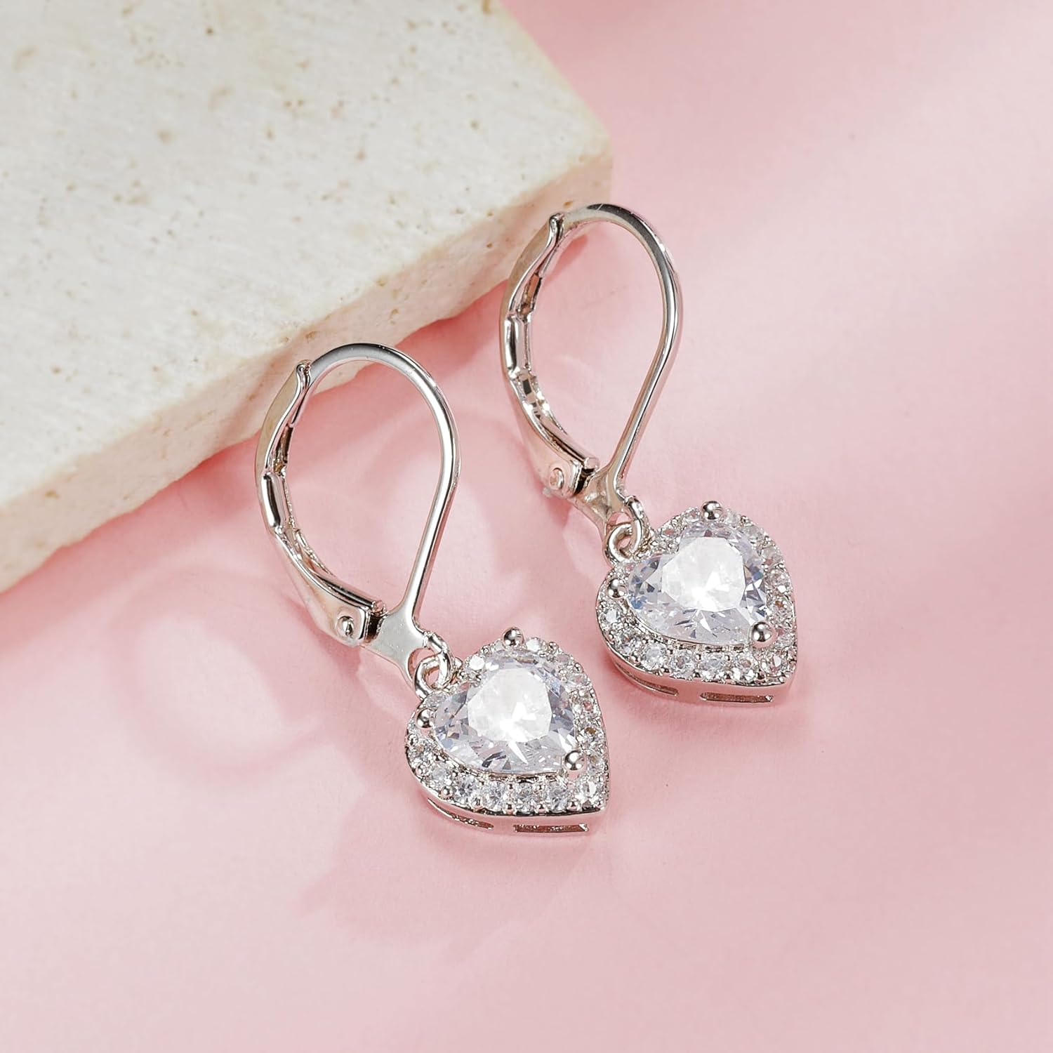 2-4 Pairs Dangle Earrings Set White Gold Plated Round Square Heart Cut Clear Cubic Zirconia Halo Drop Earrings for Women - Image 5