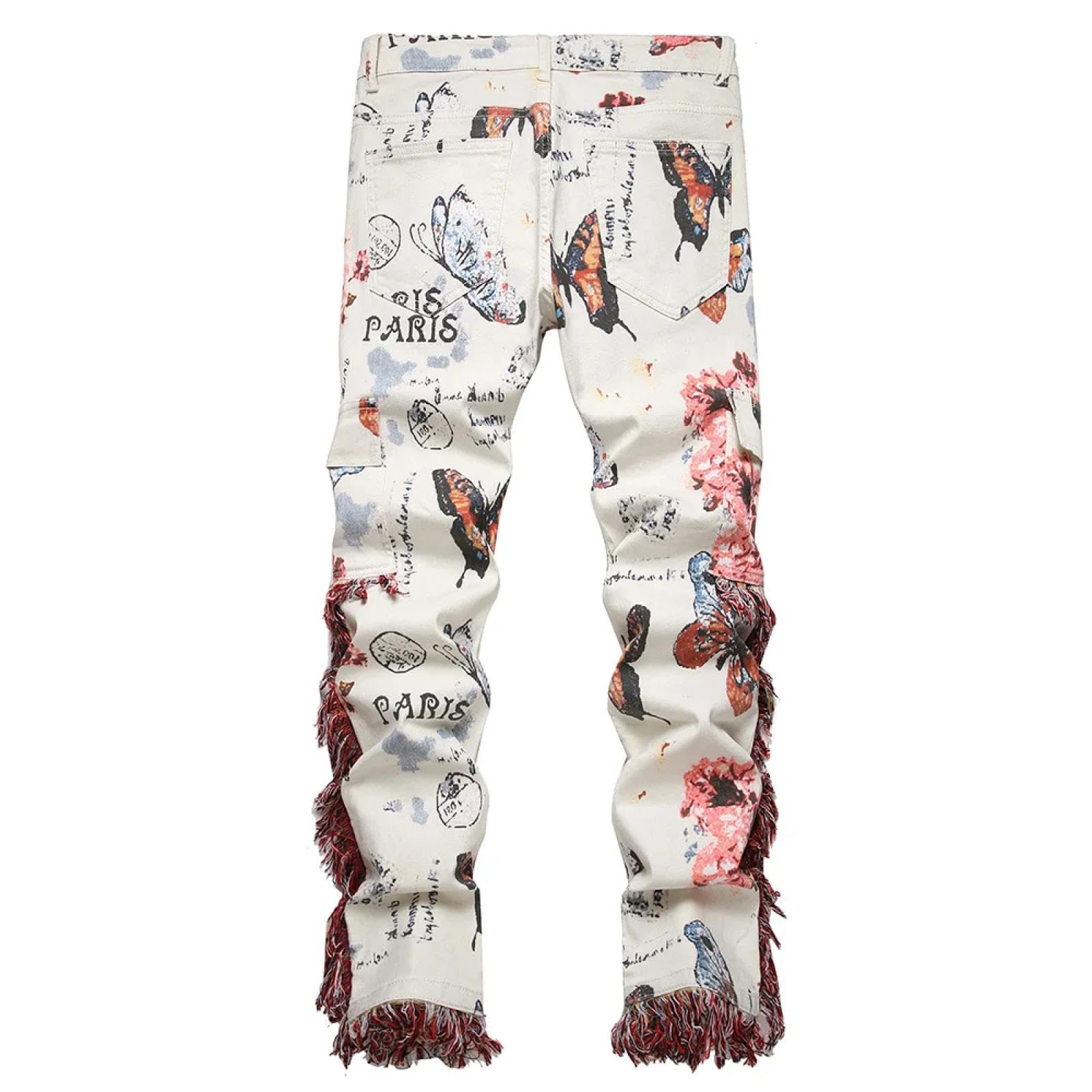 Jeans Pantalon Männer Jeans Mit Schmetterlingsblumenmuster Quasten Schmale Gerade Hosen Taschen Hosen Hosenmuster