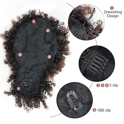 Miniatura 3 de Cola de caballo afro con cordón y flequillo sintético, extensiones de cabello corto rizado, extensiones de cabello rizado para mujeres negras (233)
