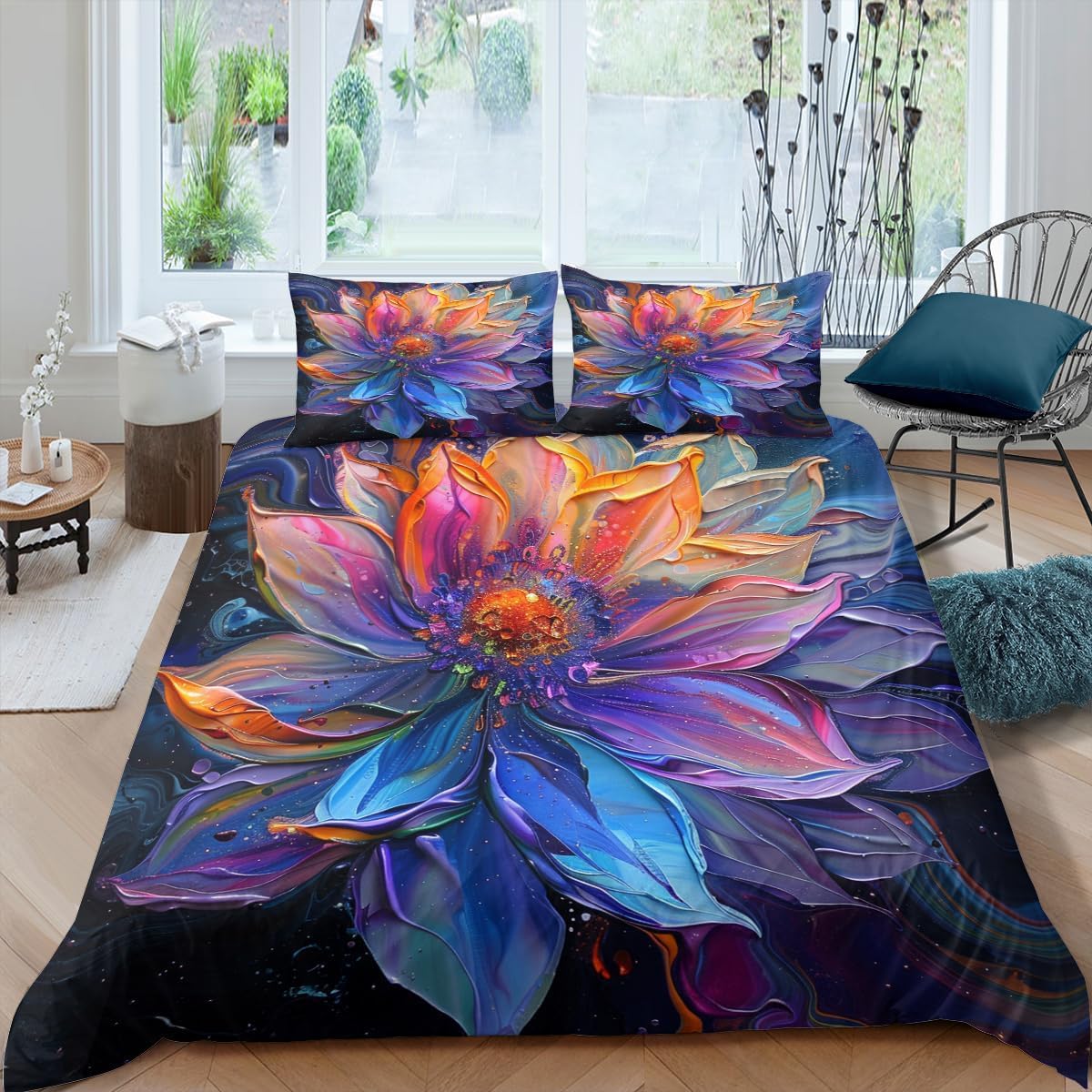 Housse de couette 200X200 cm fleurs avec taies d'oreiller