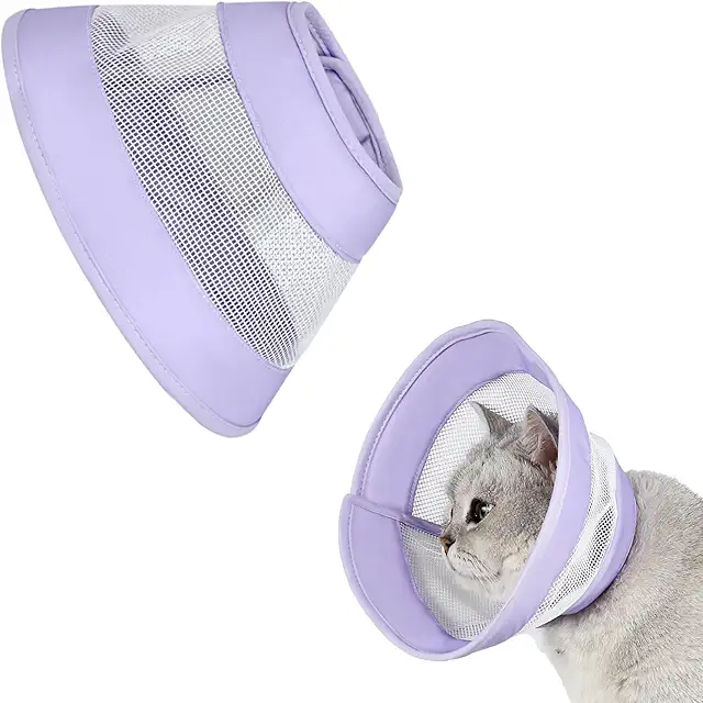 Soft Adjustable Cat Cone Collar - Breathable Recovery Neck Cone for Cats (Purple, M)