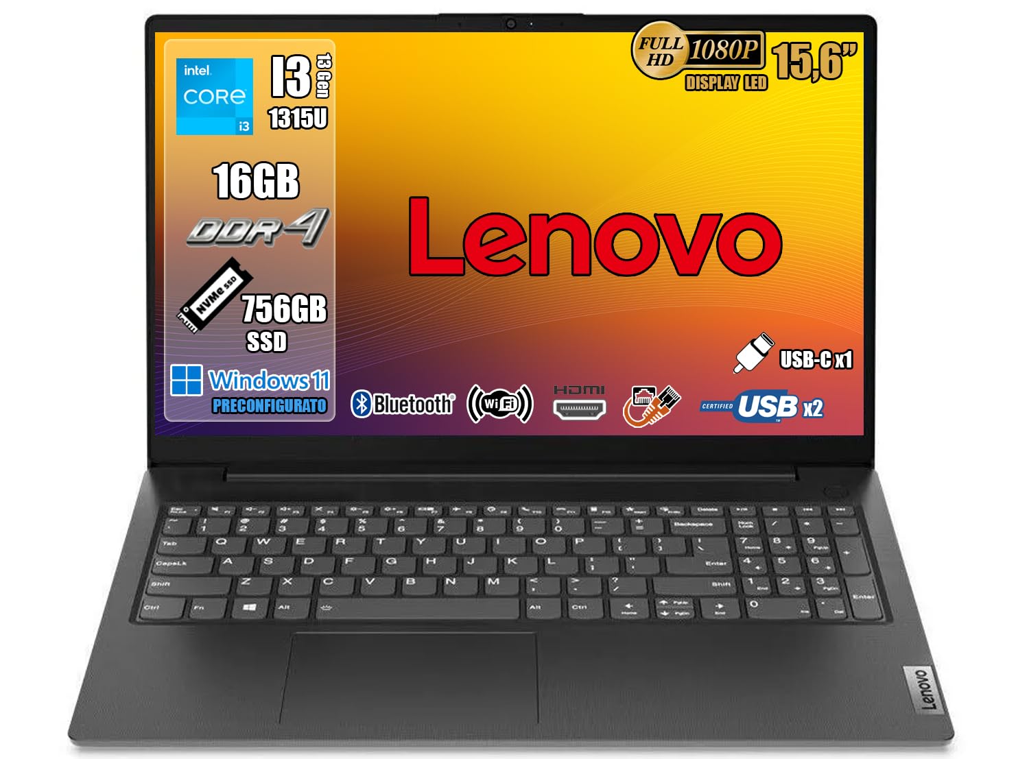 Lenovo Pc Portatile i3 1315U, Notebook con 16GB DDR4 3200 Mhz, Display FHD 15,6", SSD 756GB NVMe, Wi-Fi 6, Bt 5.2, USB 3.2 Type-C, Win11 Pro, Computer Portatile, Laptop Cpu i3 (8 Core) 12M Cache