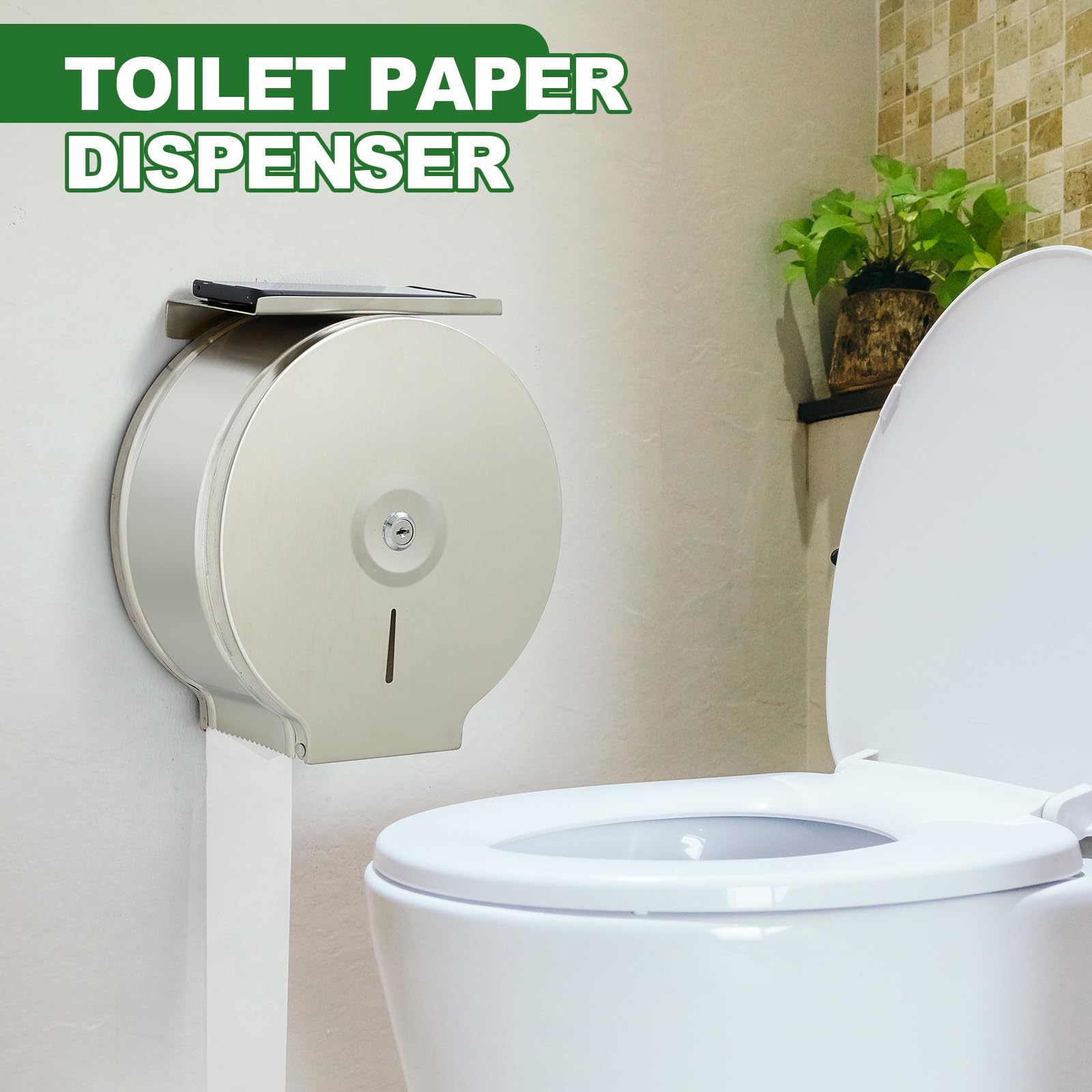 Mifoci 2 dispensadores de papel higiénico con estante de montaje en pared, soporte de papel higiénico comercial de acero inoxidable de 9 pulgadas, dispensador de pañuelos con cerradura y llave para