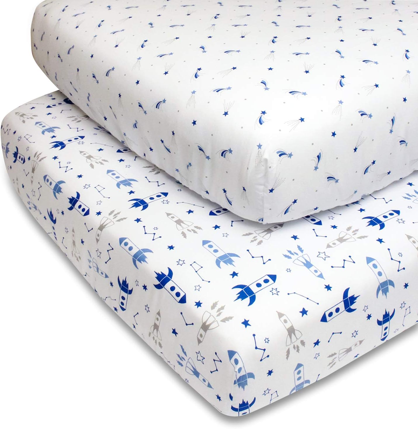 The Peanutshell Fitted Crib Sheet Set for Baby Boys or Girls | Unisex 2 Pack in Rocketships & Shooting Stars | Fits Standard Crib Mattresses
