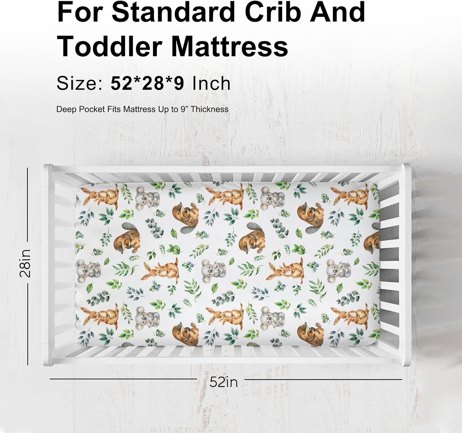 Baby Australian Animals Crib Sheets for Girl Boy 52"x28" Koala Kangaroo Green Leaves Crib Mattress Covers Soft Breathable Fitted Nursery Baby Bed Sheets Fits Standard Crib and Toddler Mattress