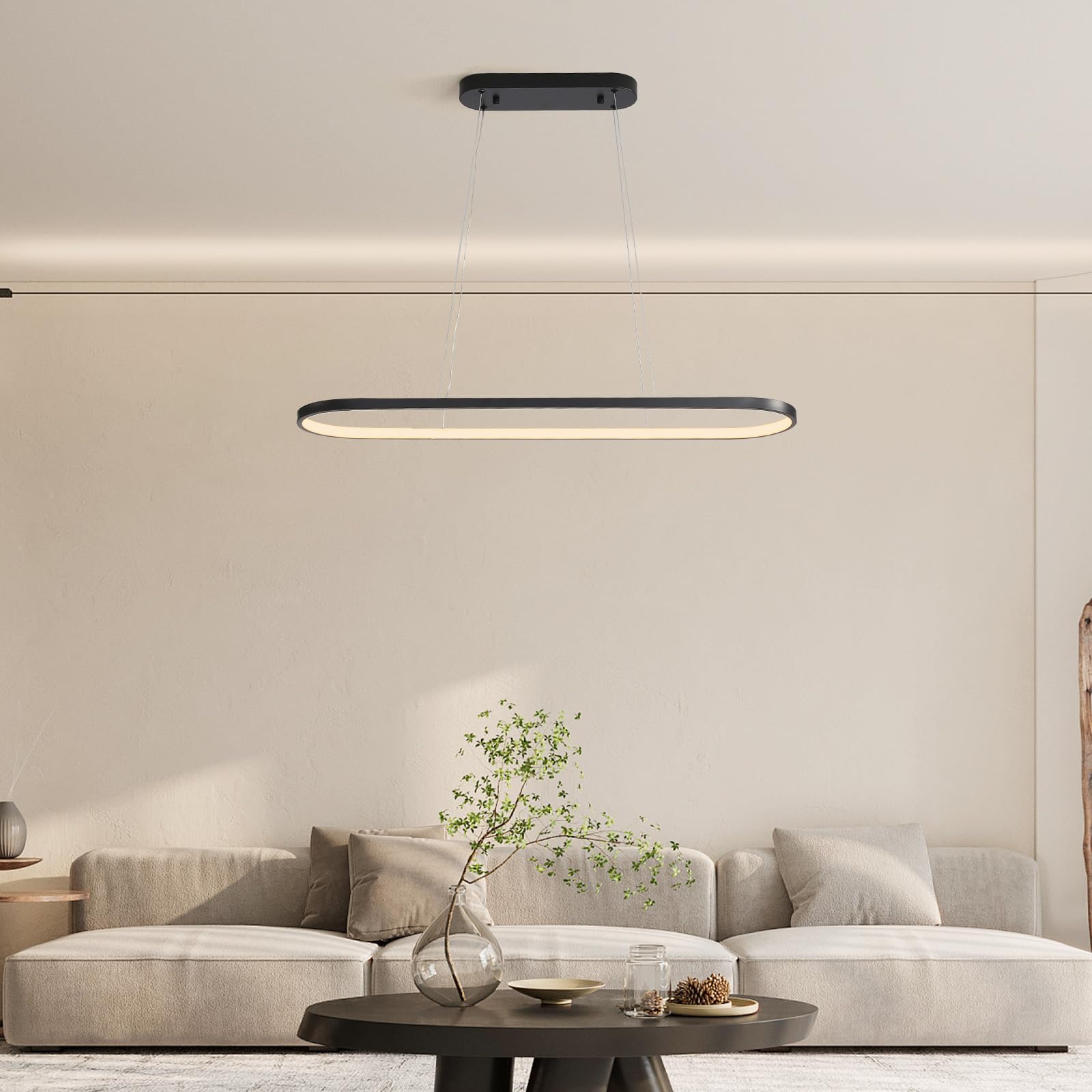 Lámpara de araña Ovalada Lampara LED Regulable Lamparas Circular Iluminación colgante Moderna para Mesa Comedor Con Control Remoto Altura Ajustable para Sala Comedor Cocina Negro 70cm