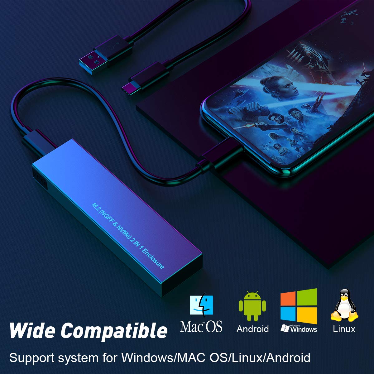M.2 NVME SATA SSD behuizing, USB 3.1 Gen2 10 Gbps PCIe harde schijf behuizing adapter, 6 Gbps NGFF harde schijf, USB C harde schijf Caddy voor M -Key of M B Key SSD 2230/2242/2260/2280